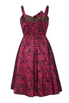 1950s Perrine Couture Red Silk Butterfly Print Dress