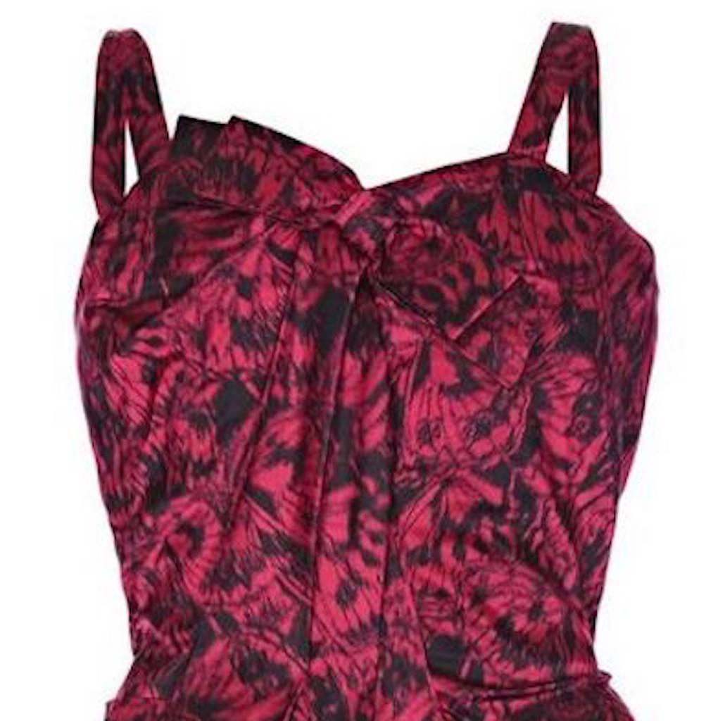 Brown Perrine Couture 1950s Red Silk Butterfly Print Dress For Sale