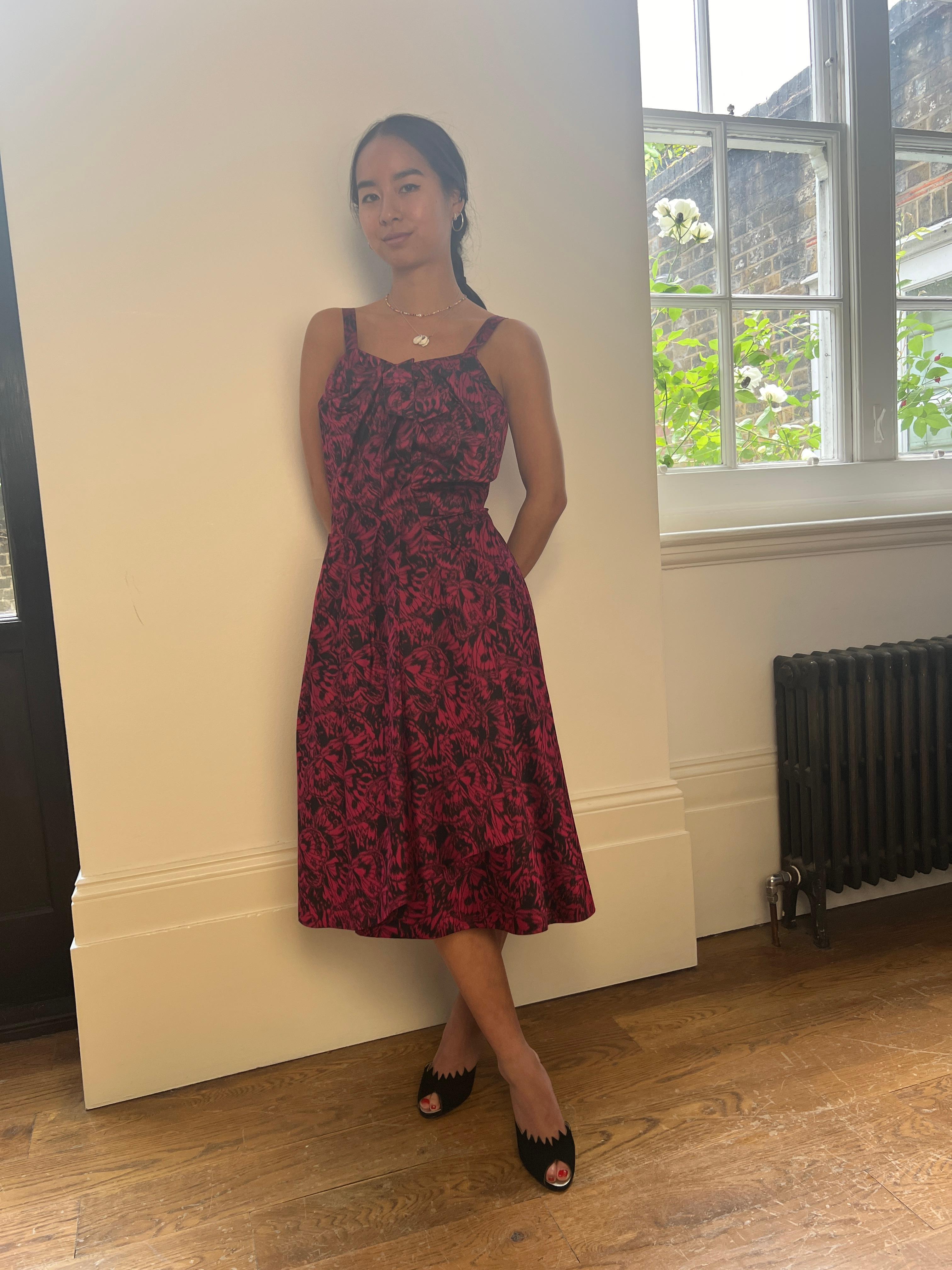 Women's Perrine Couture 1950s Red Silk Butterfly Print Dress For Sale