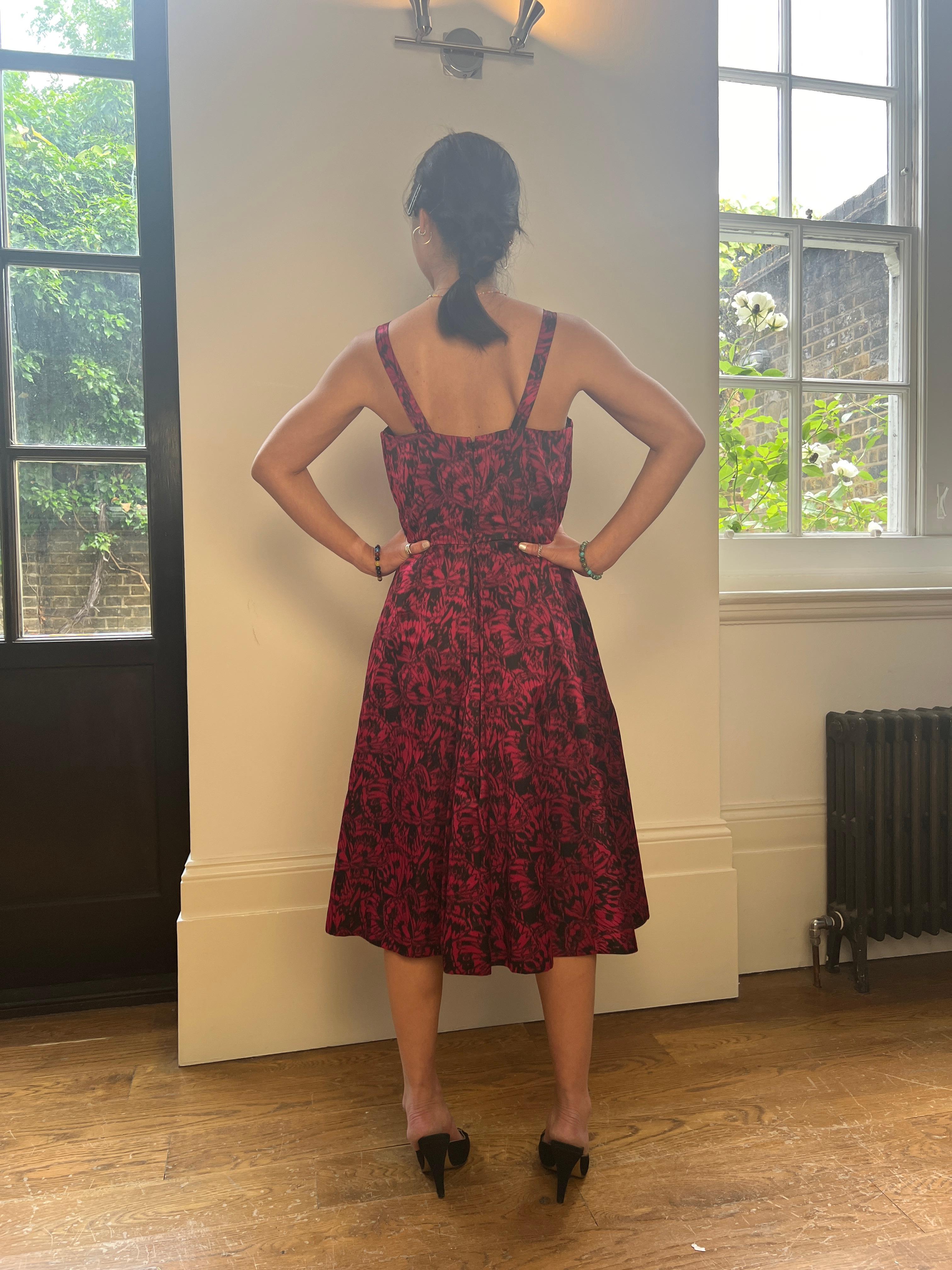 Perrine Couture 1950s Red Silk Butterfly Print Dress For Sale 1
