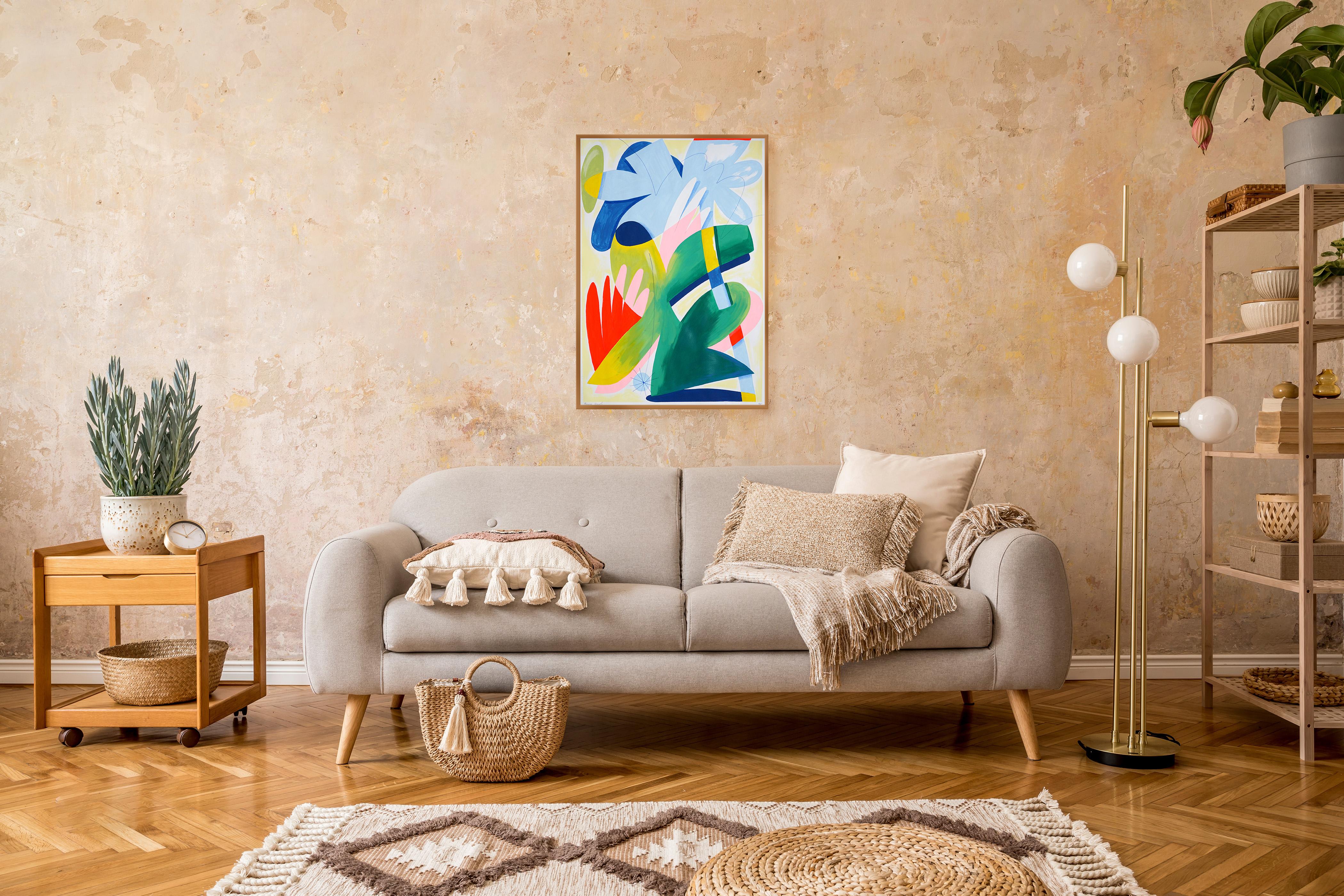 Una passeggiata nella fantasia, figure astratte e piante, pittura surreale dai toni vivaci in vendita 2