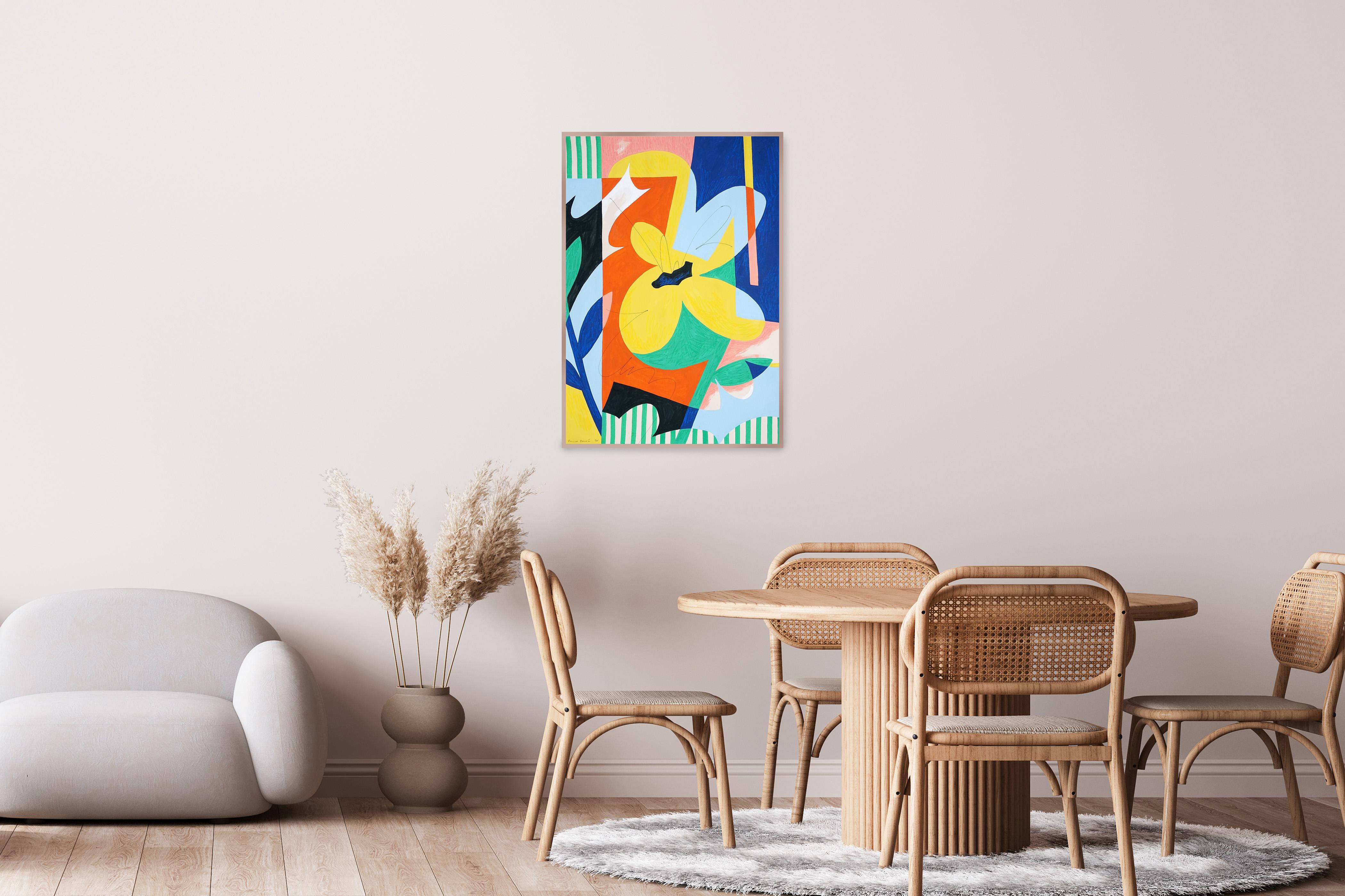 Quadro botanico astratto, fiore di forma, blu, giallo, carta - Painting di Perrine Honoré
