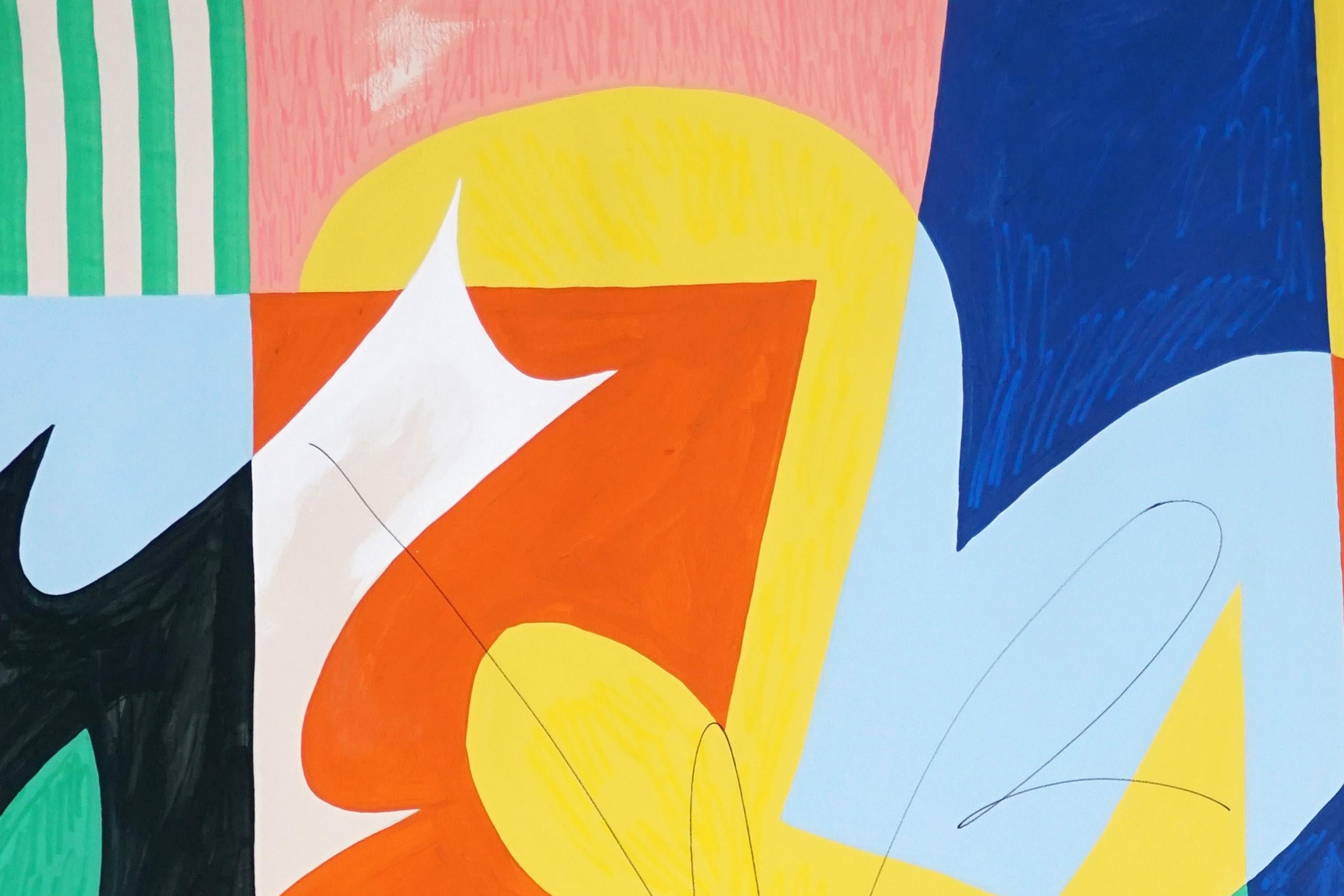 Quadro botanico astratto, fiore di forma, blu, giallo, carta - Painting Street Art di Perrine Honoré