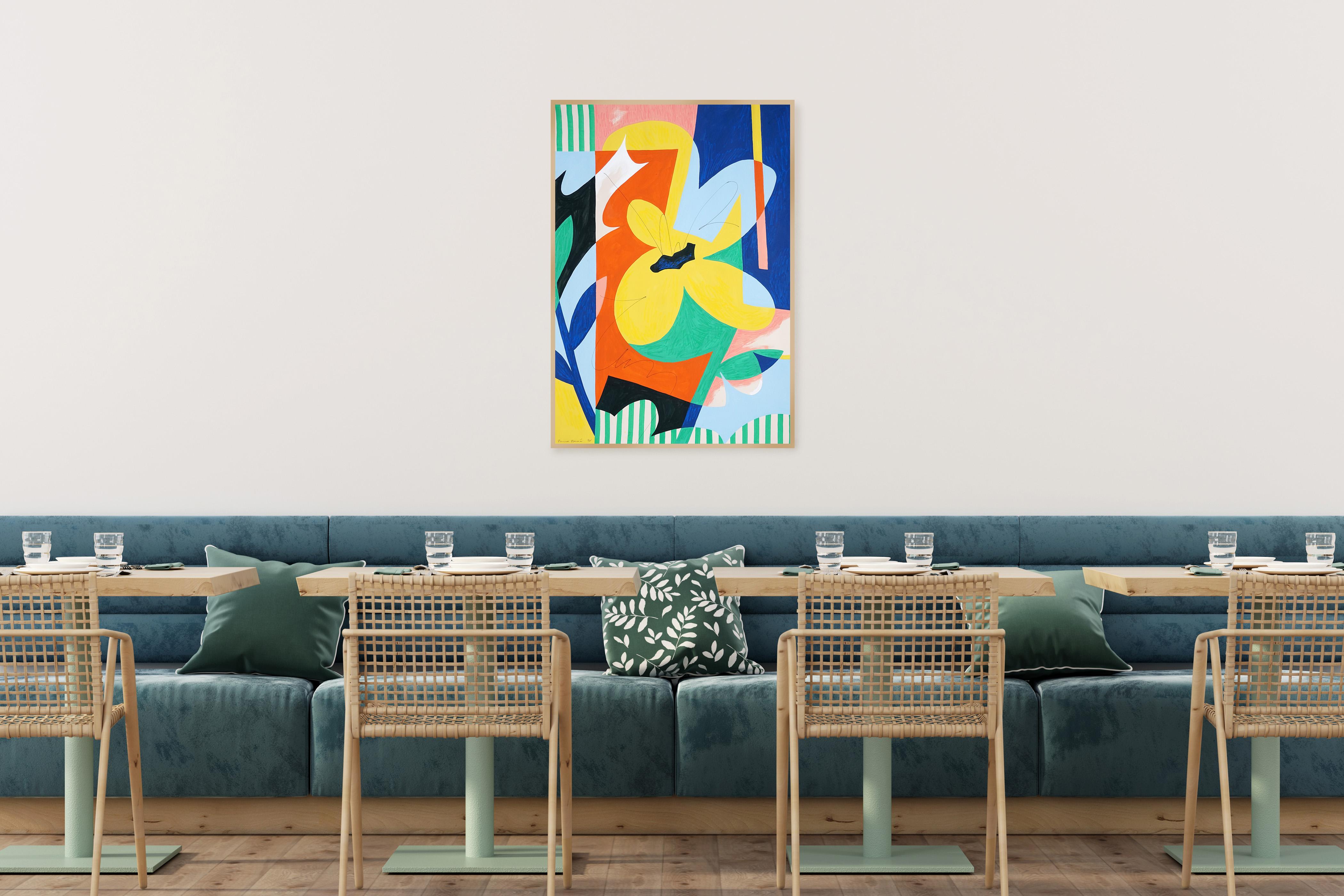 Quadro botanico astratto, fiore di forma, blu, giallo, carta - Landscape Painting Beige di Perrine Honoré