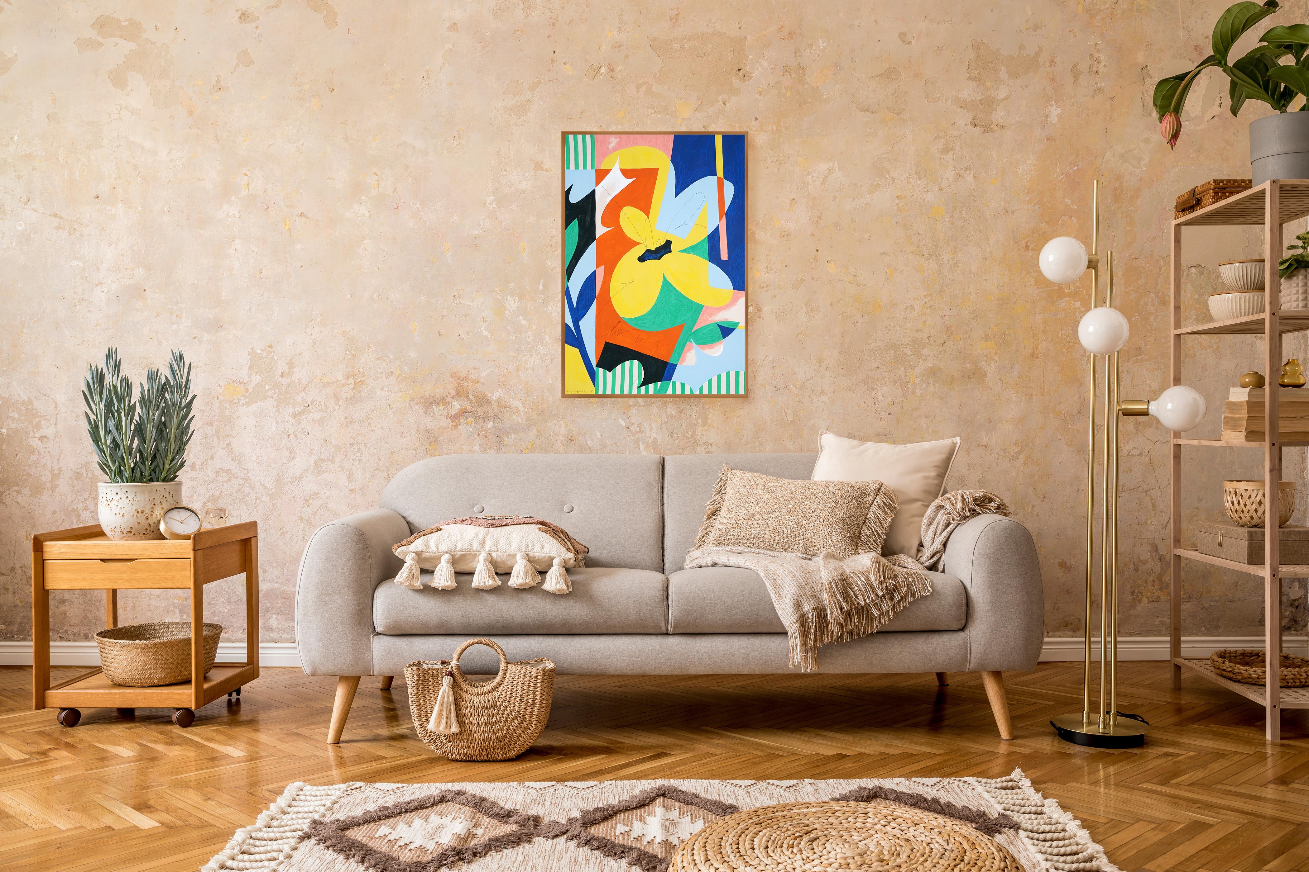 Quadro botanico astratto, fiore di forma, blu, giallo, carta in vendita 1