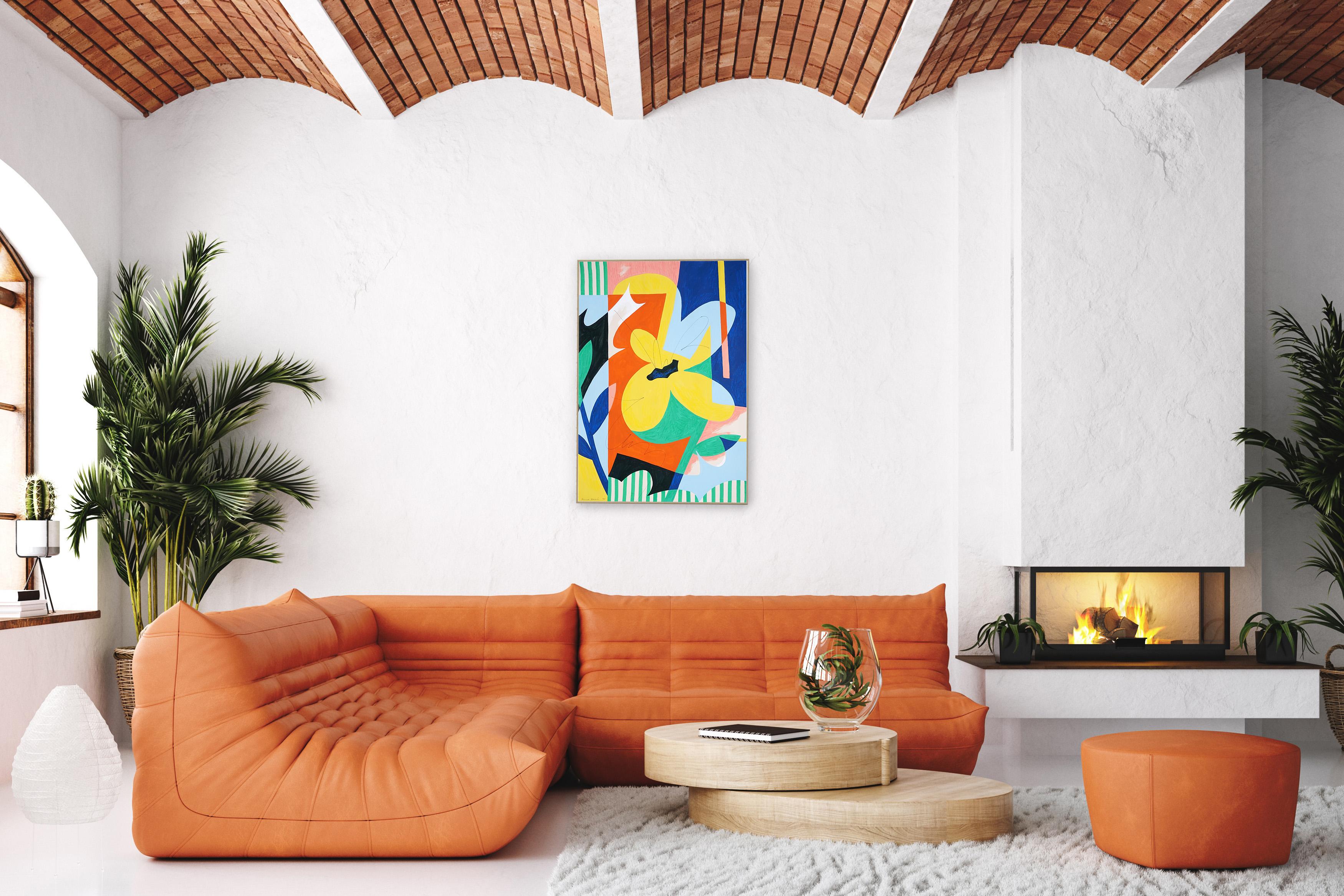 Quadro botanico astratto, fiore di forma, blu, giallo, carta in vendita 2