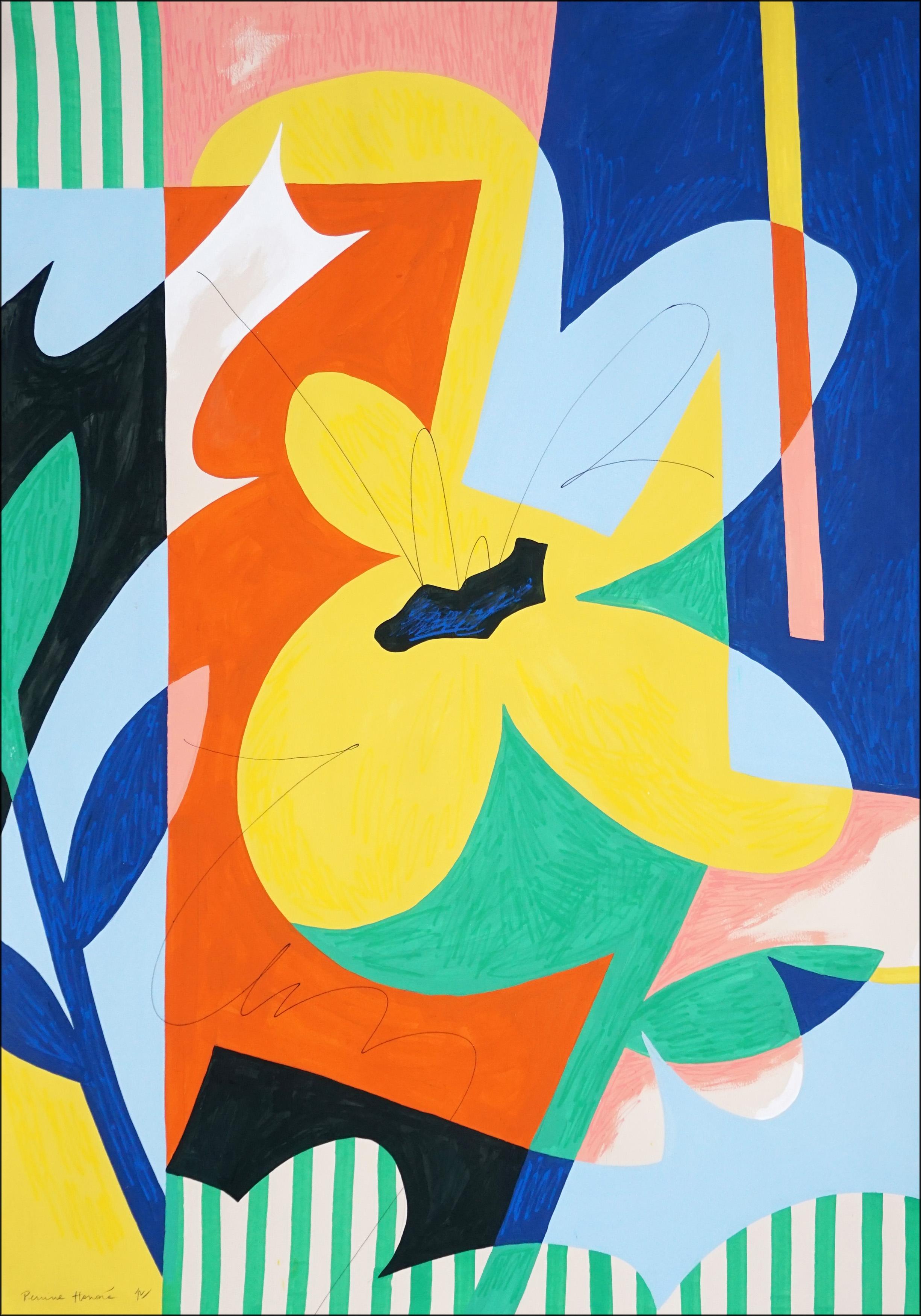 Abstract Patterns Botanical Painting, Shape Booster Flower, Blue, Yellow, Paper