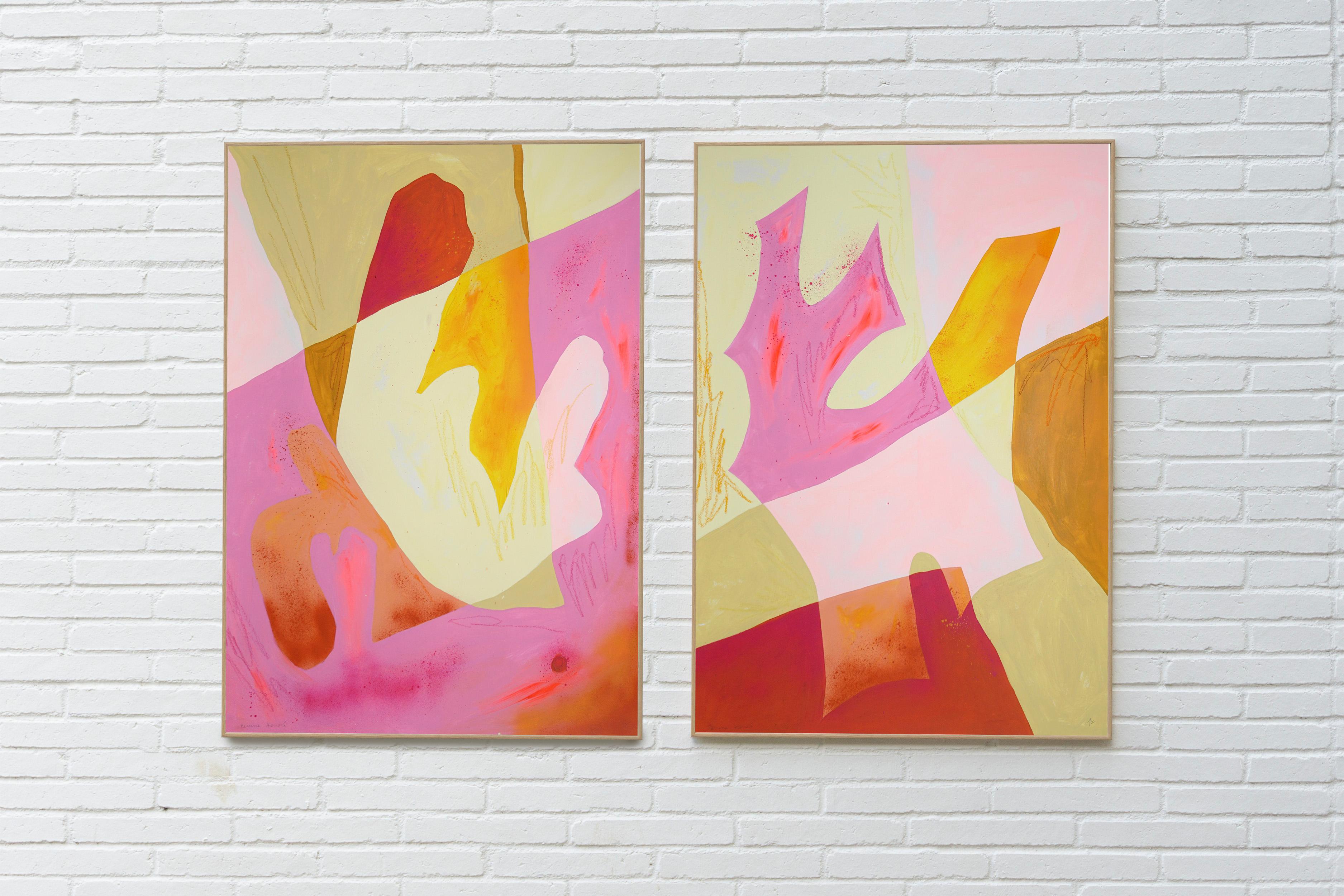 Body Memory, Organic Layered Forms in Pink and Yellow, Abstract Diptych on Paper - Painting by Perrine Honoré