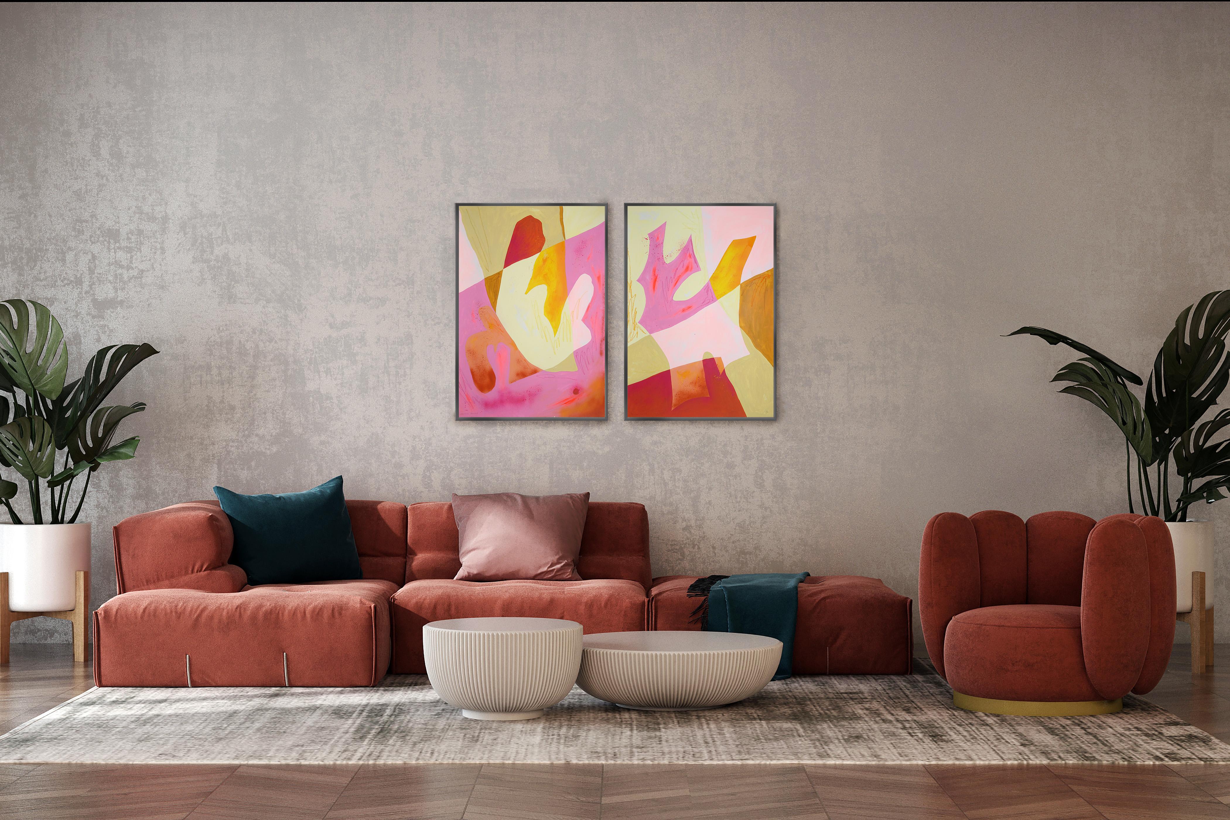 Body Memory, Organic Layered Forms in Pink and Yellow, Abstract Diptych on Paper - Post-Impressionist Painting by Perrine Honoré