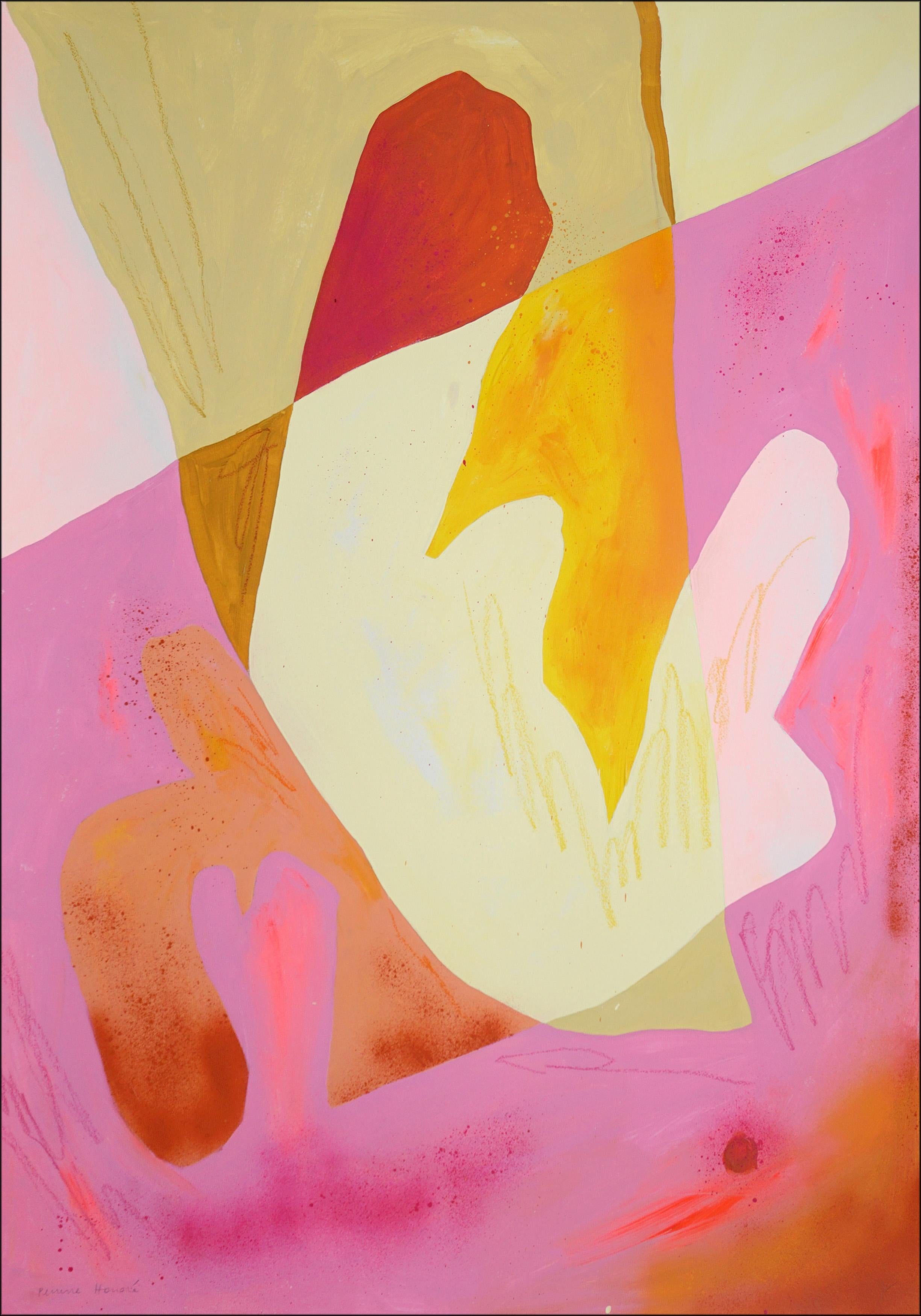 Body Memory, Organic Layered Forms in Pink and Yellow, Abstract Diptych on Paper - Beige Landscape Painting by Perrine Honoré