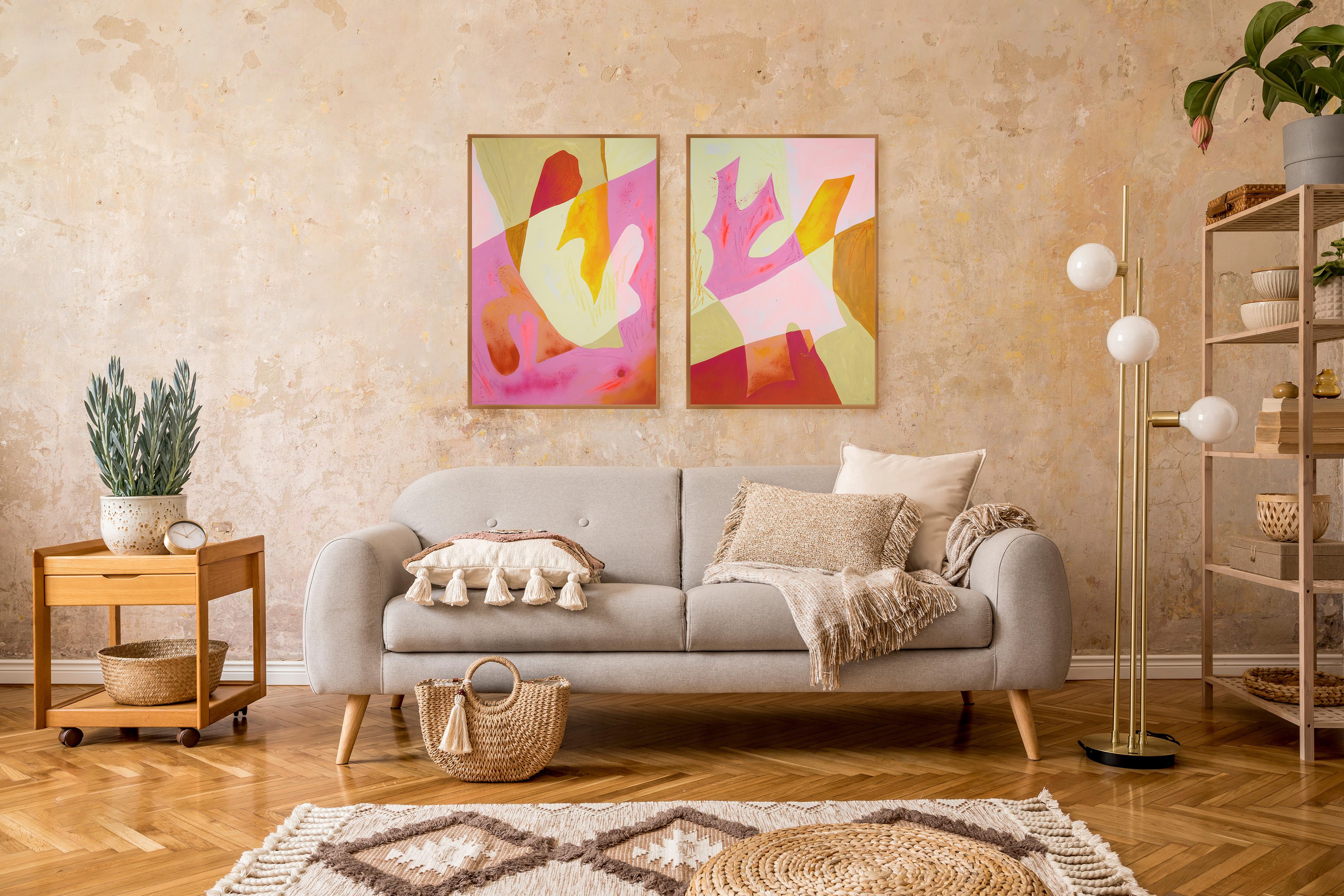 Body Memory, Organic Layered Forms in Pink and Yellow, Abstract Diptych on Paper For Sale 1
