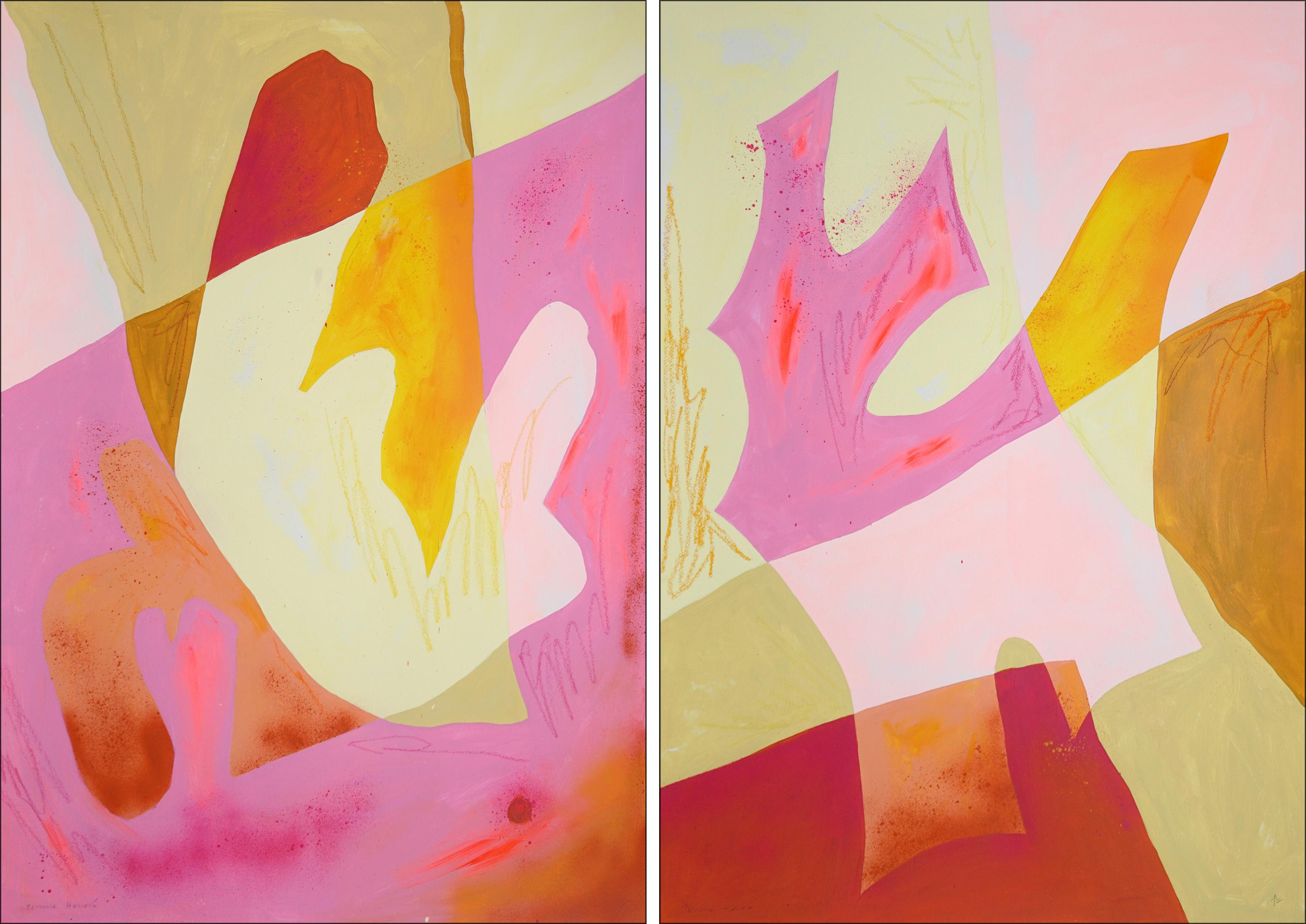 Body Memory, Organic Layered Forms in Pink and Yellow, Abstract Diptych on Paper
