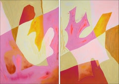 Body Memory, Organic Layered Forms in Pink and Yellow, Abstract Diptych on Paper