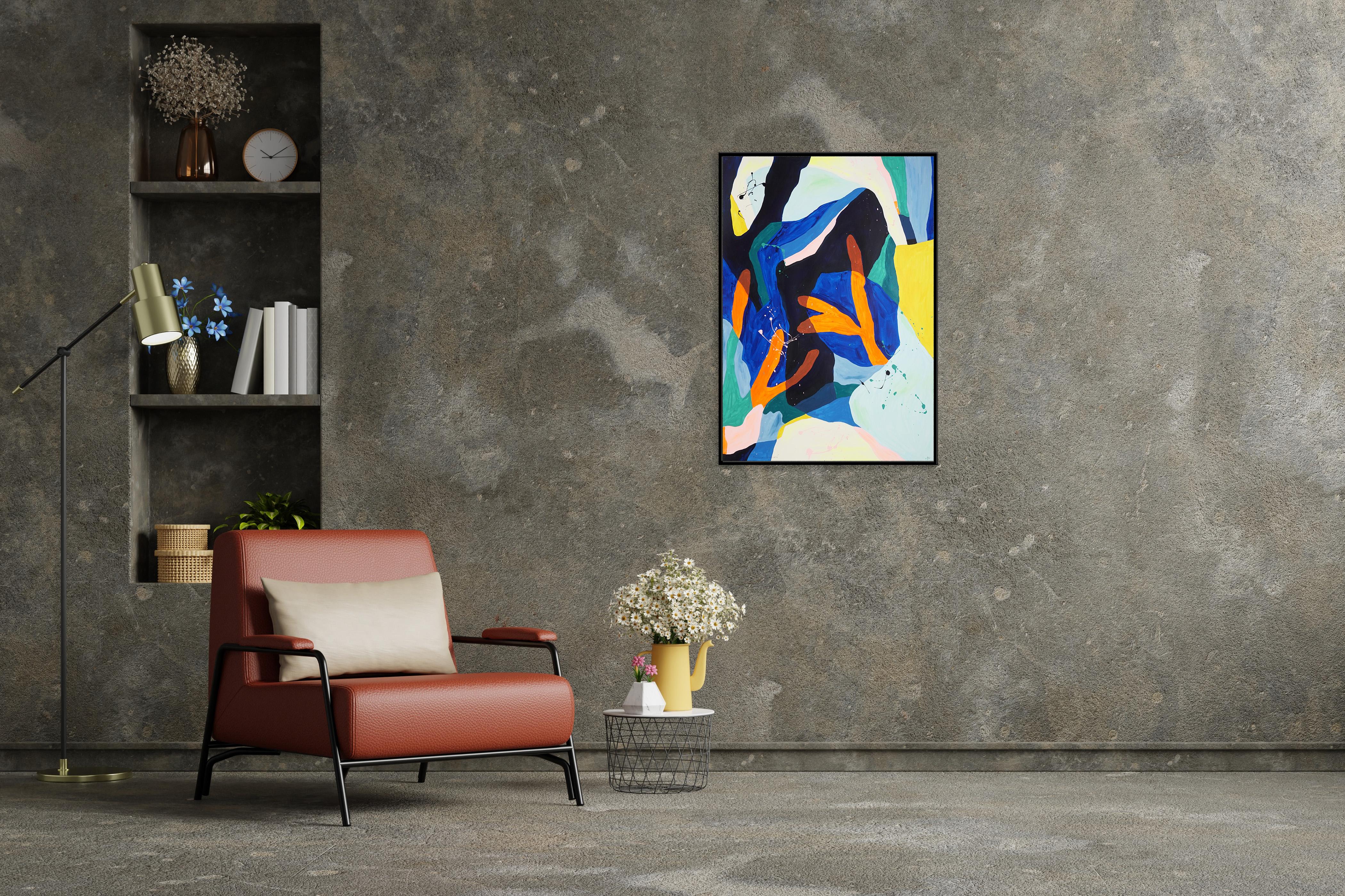Coral Pieces is a bold and immersive abstract painting that draws inspiration from organic marine forms, interpreted through vibrant color fields and dynamic gestures. Vivid blues and oranges dominate the composition, contrasted by softer pastels