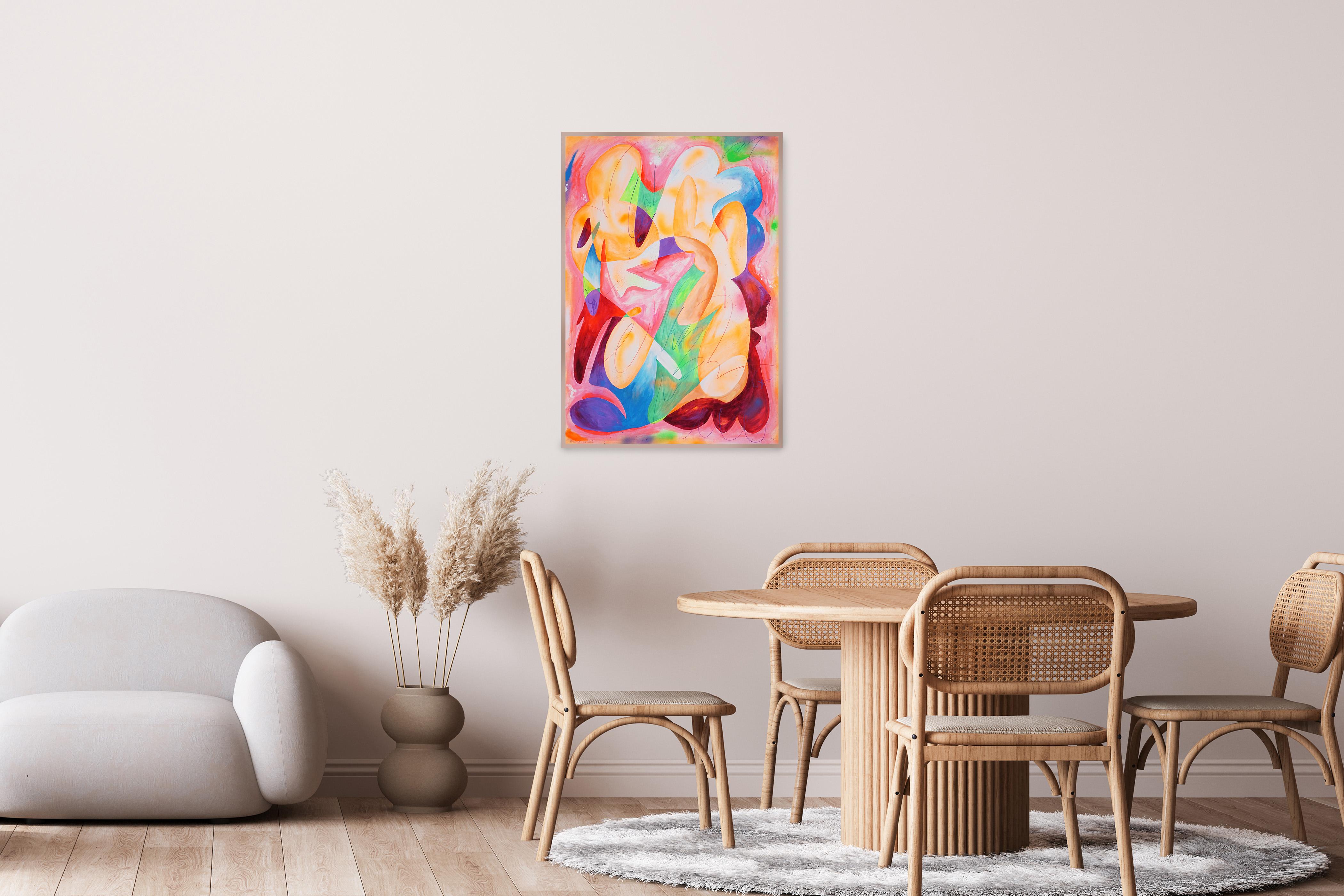 Day Dreamer, Urban Cubist Style, Colorful Composition, Abstract Pink and Yellow - Painting by Perrine Honoré
