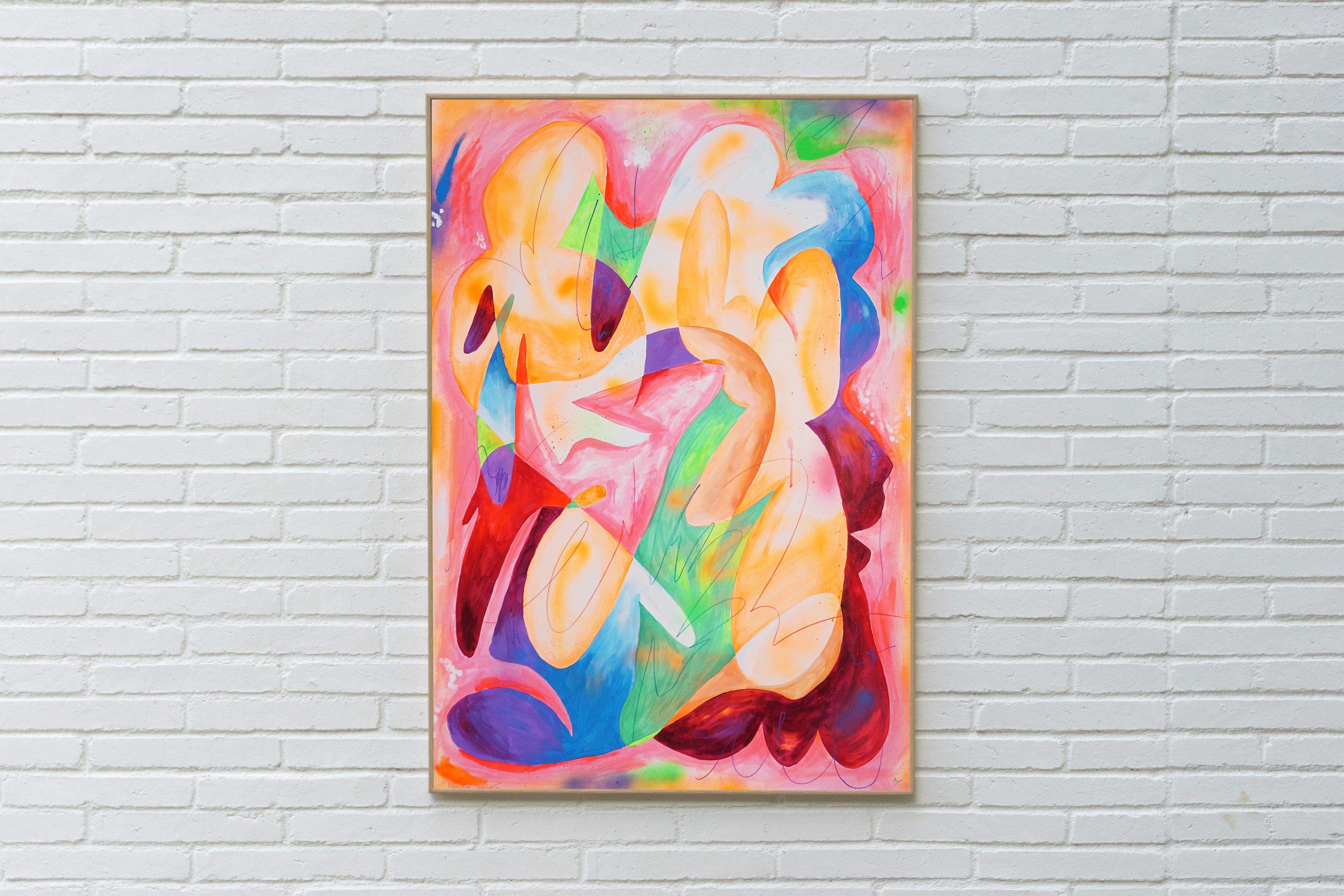 Day Dreamer, Urban Cubist Style, Colorful Composition, Abstract Pink and Yellow - Neo-Expressionist Painting by Perrine Honoré