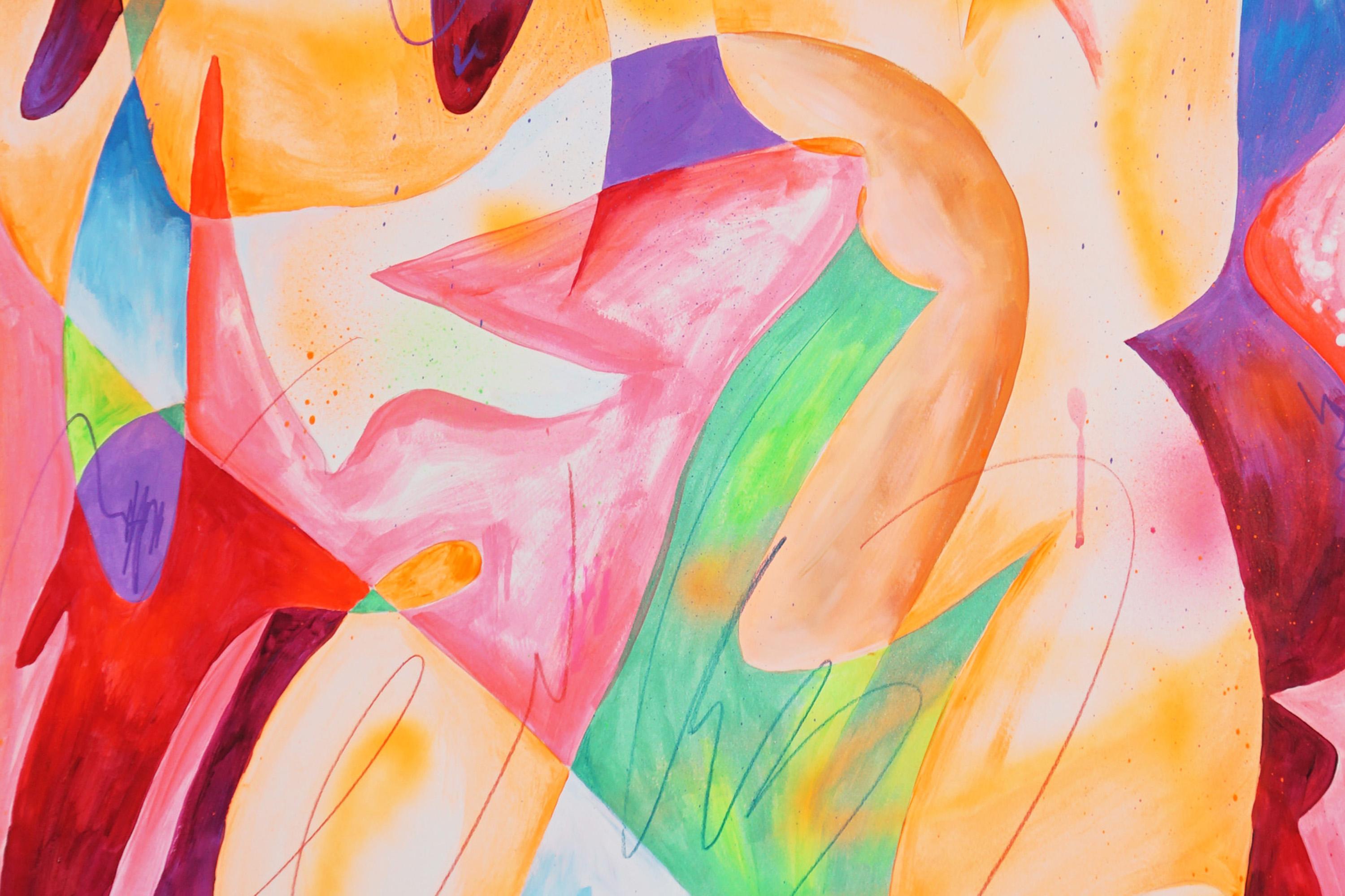 Day Dreamer, Urban Cubist Style, Colorful Composition, Abstract Pink and Yellow For Sale 1