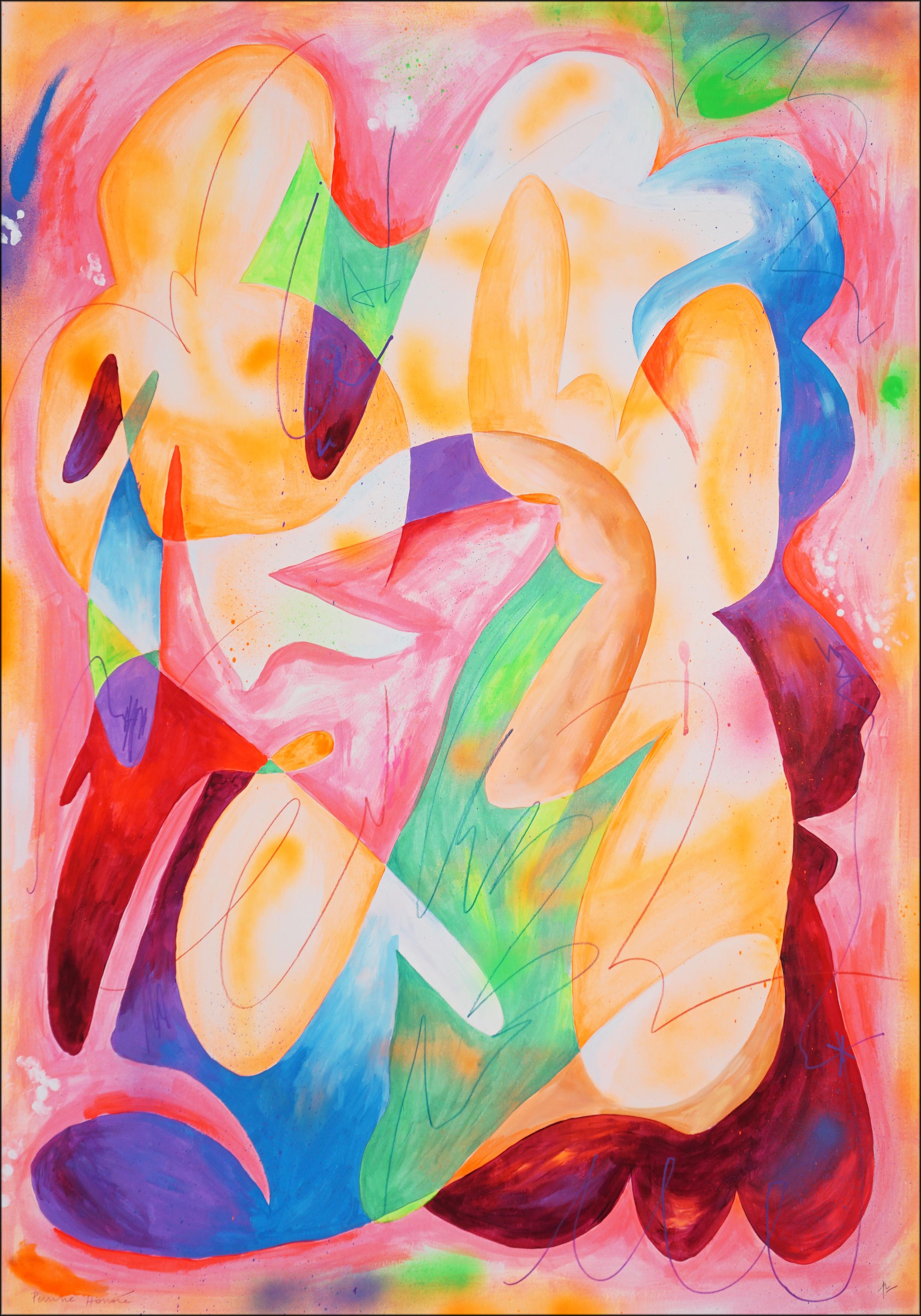 Perrine Honoré Landscape Painting - Day Dreamer, Urban Cubist Style, Colorful Composition, Abstract Pink and Yellow