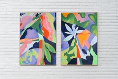 Deep Moss, Tropical Botanic Diptych in Dark Green, Jurassic Leaves, Pink Flowers