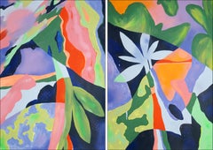 Deep Moss, Tropical Botanic Diptych in Dark Green, Jurassic Leaves, Pink Flowers