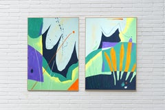 Energy Time, Modern Abstract Landscape Diptych on Paper, Green Tones Garden