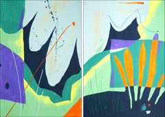 Energy Time, Modern Abstract Landscape Diptych on Paper, Green Tones Garden