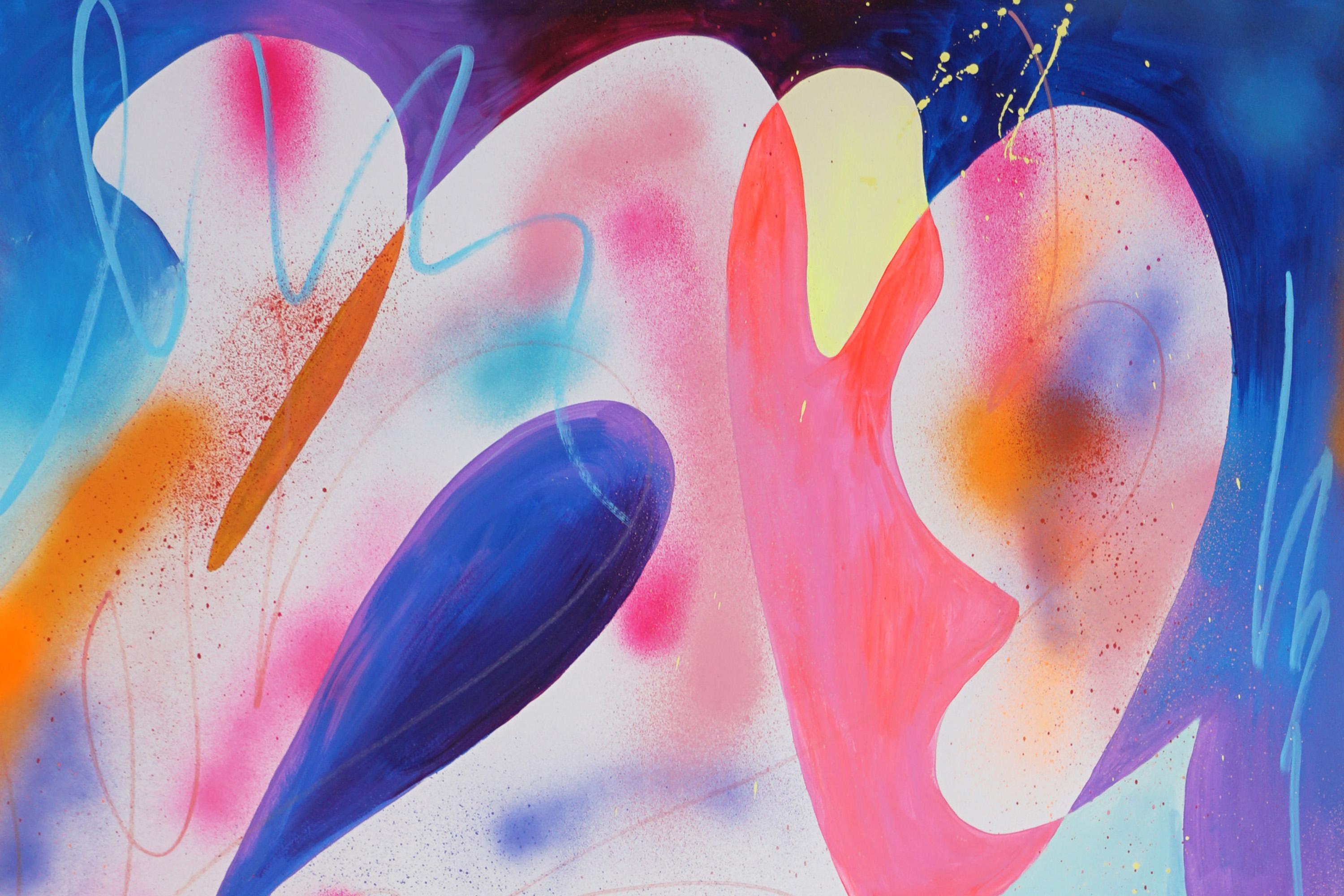 Esprit fluo, esprit magique, peinture moderne en rose et violet, formes organiques - Beige Landscape Painting par Perrine Honoré