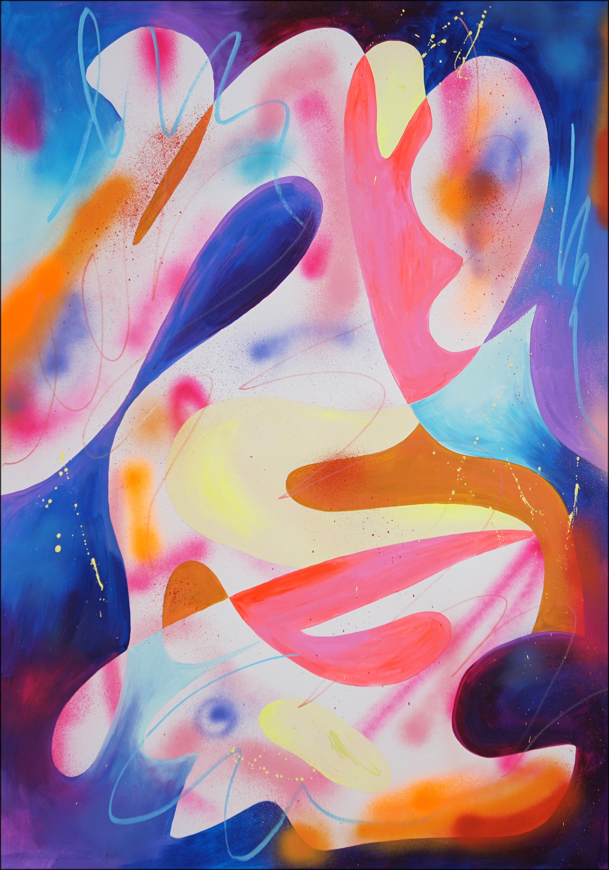 Cette peinture abstraite vibrante rayonne de l'énergie d'un paysage imaginaire luxuriant. Des couches de turquoise, de chartreuse, de cobalt et d'agrumes s'entrecroisent avec des marques gestuelles pour créer une impression de mouvement et de