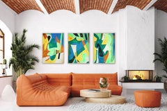 Green Tones, Jazzy Forms, Large Triptych, Gestual Abstraction, Dynamic Mural