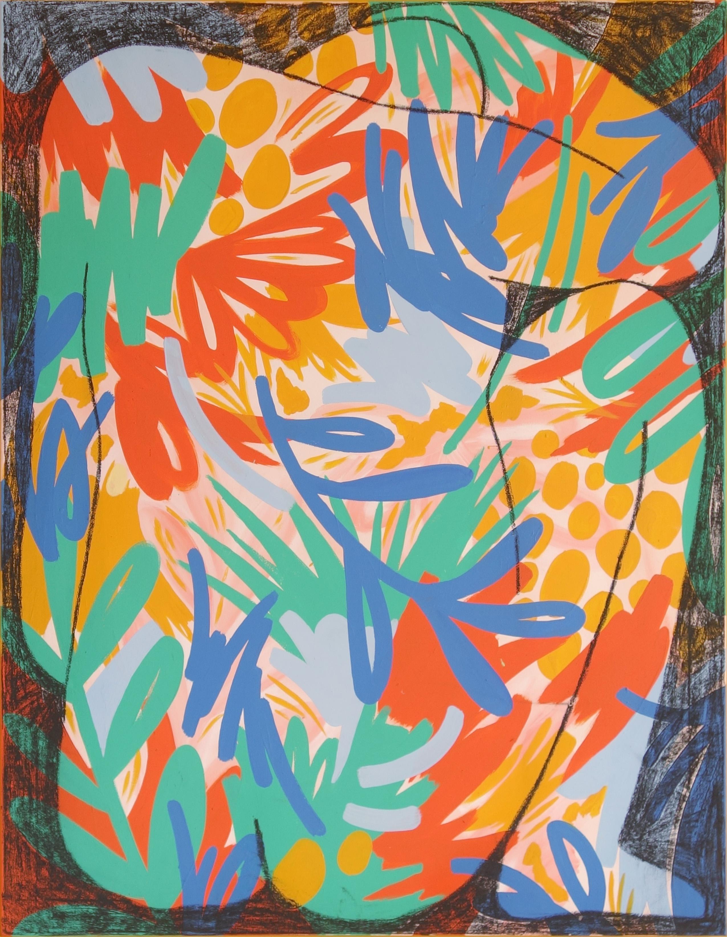 Human Fields, Figurative Painting on Canvas, Tropical Leaf-like Patterns, Nude