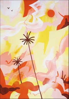 Palmeras Incandescentes, Pintura Botánica Tonos Tierra, Paisaje Desértico sobre Papel