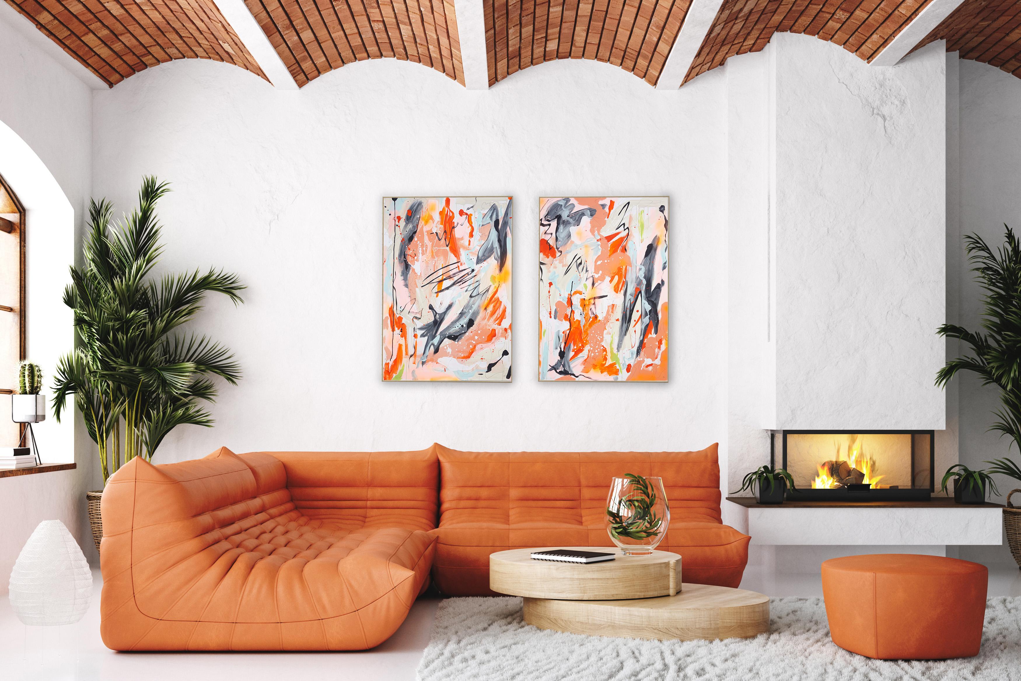 Let it Out, Abstraktes expressionistisches Diptychon in Orange, Urban Style Gestures (Beige), Abstract Painting, von Perrine Honoré