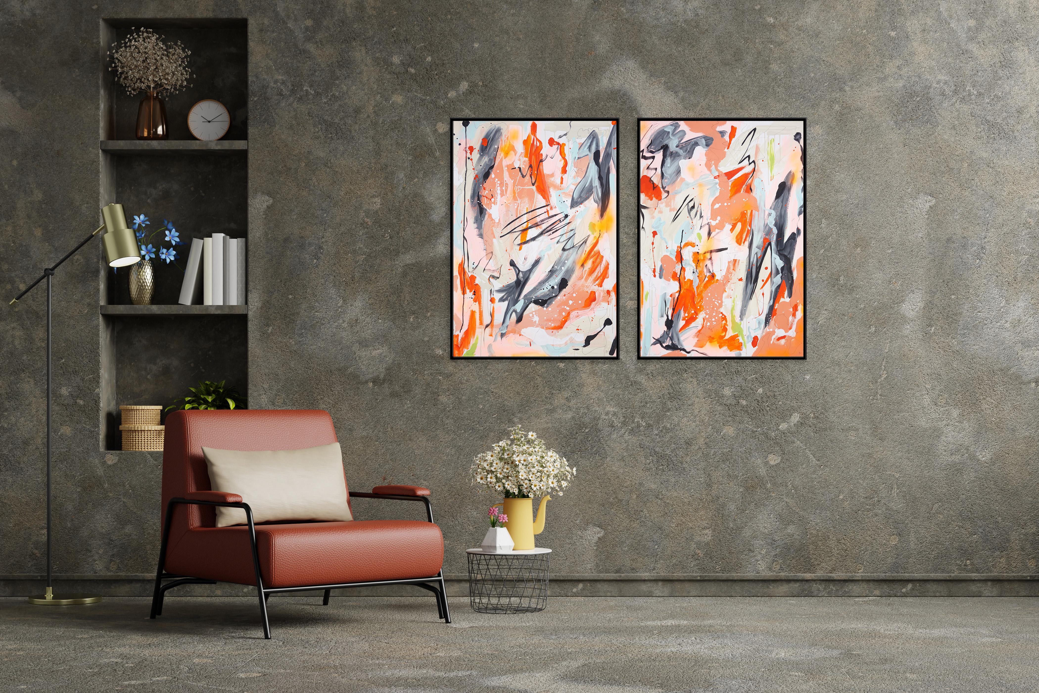 Let it Out, Abstraktes expressionistisches Diptychon in Orange, Urban Style Gestures im Angebot 1
