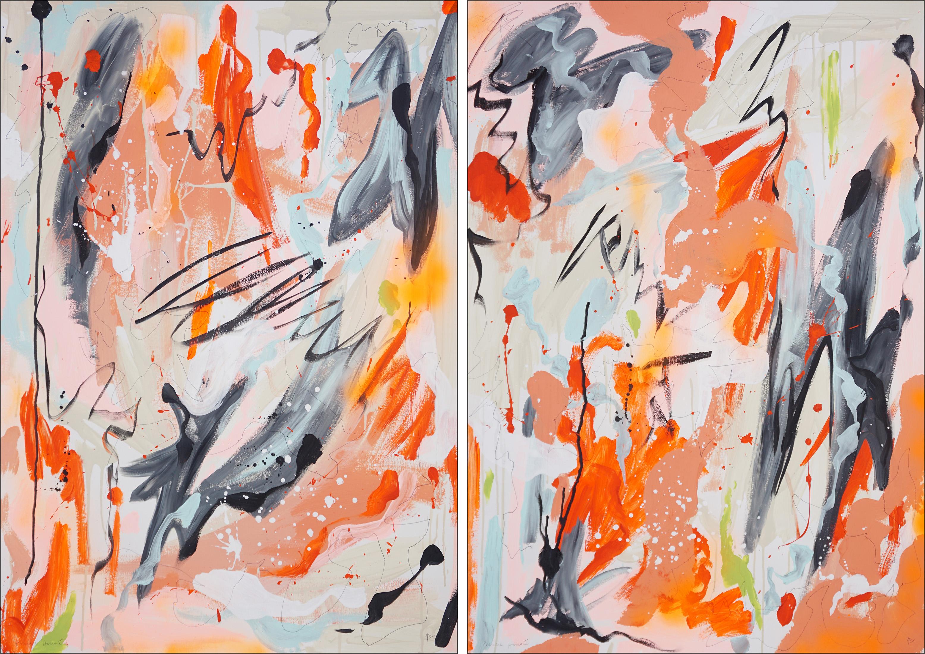 Perrine Honoré Abstract Painting – Let it Out, Abstraktes expressionistisches Diptychon in Orange, Urban Style Gestures