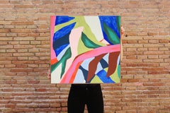 Nature Break, Abstrakte Botanische Malerei in Vivid Tones, Rosa Dschungelblätter