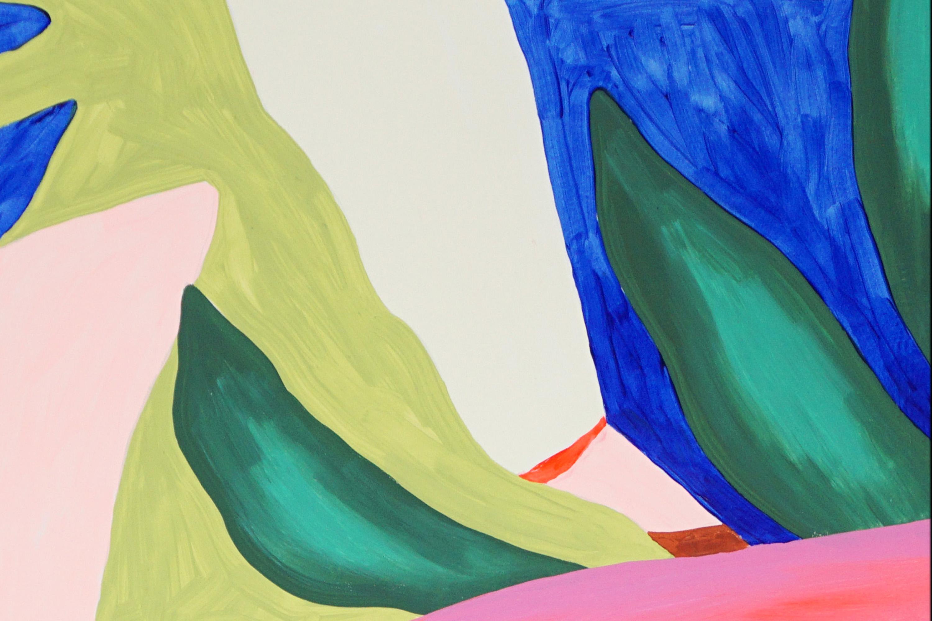 Nature Break, Abstrakte Botanische Malerei in Vivid Tones, Rosa Dschungelblätter (Beige), Abstract Painting, von Perrine Honoré