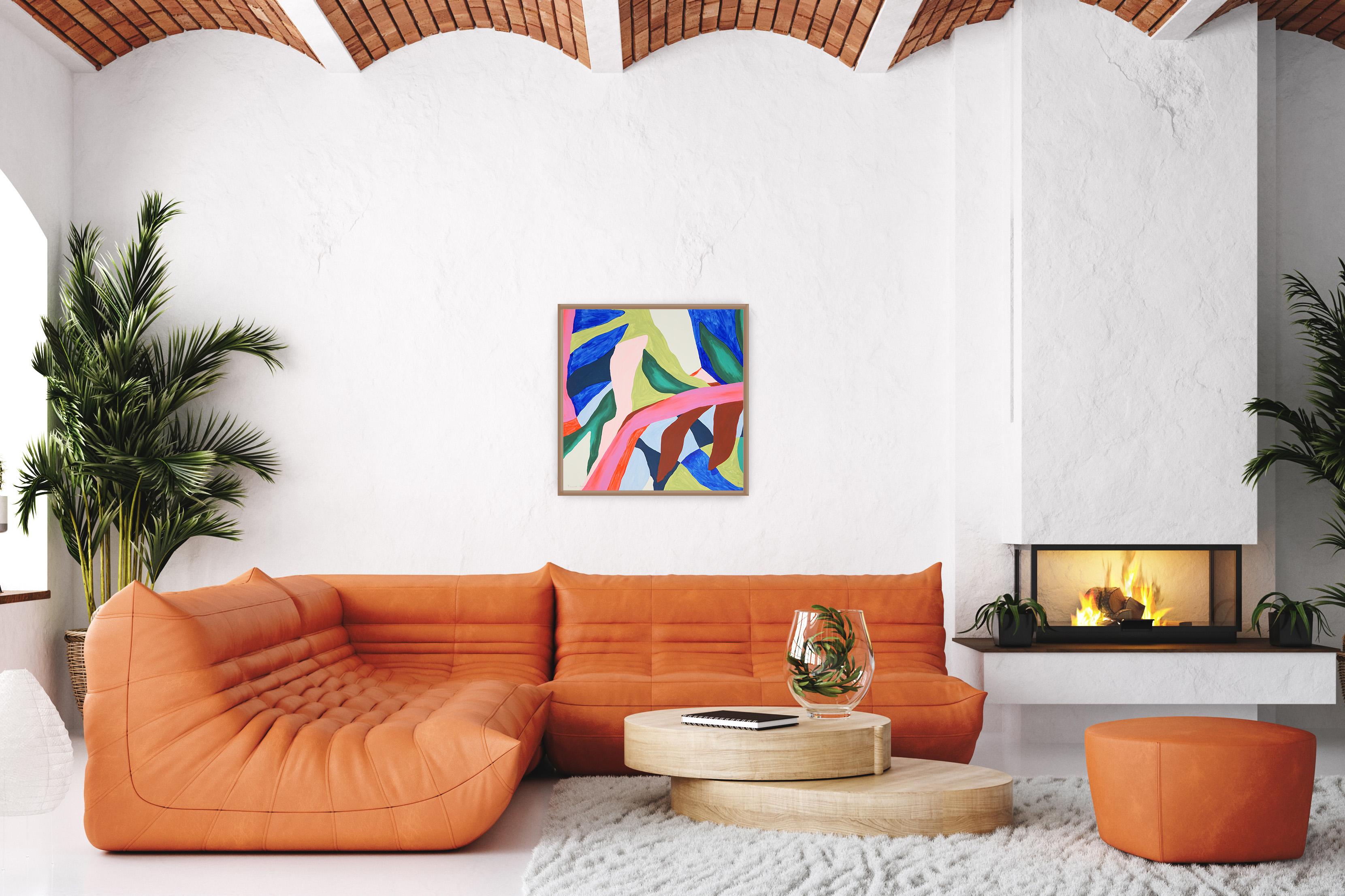 Nature Break, Abstrakte Botanische Malerei in Vivid Tones, Rosa Dschungelblätter im Angebot 2
