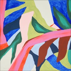 Pausa en la Naturaleza, Pintura Botánica Abstracta en Tonos Vivos, Hojas de Selva Rosas