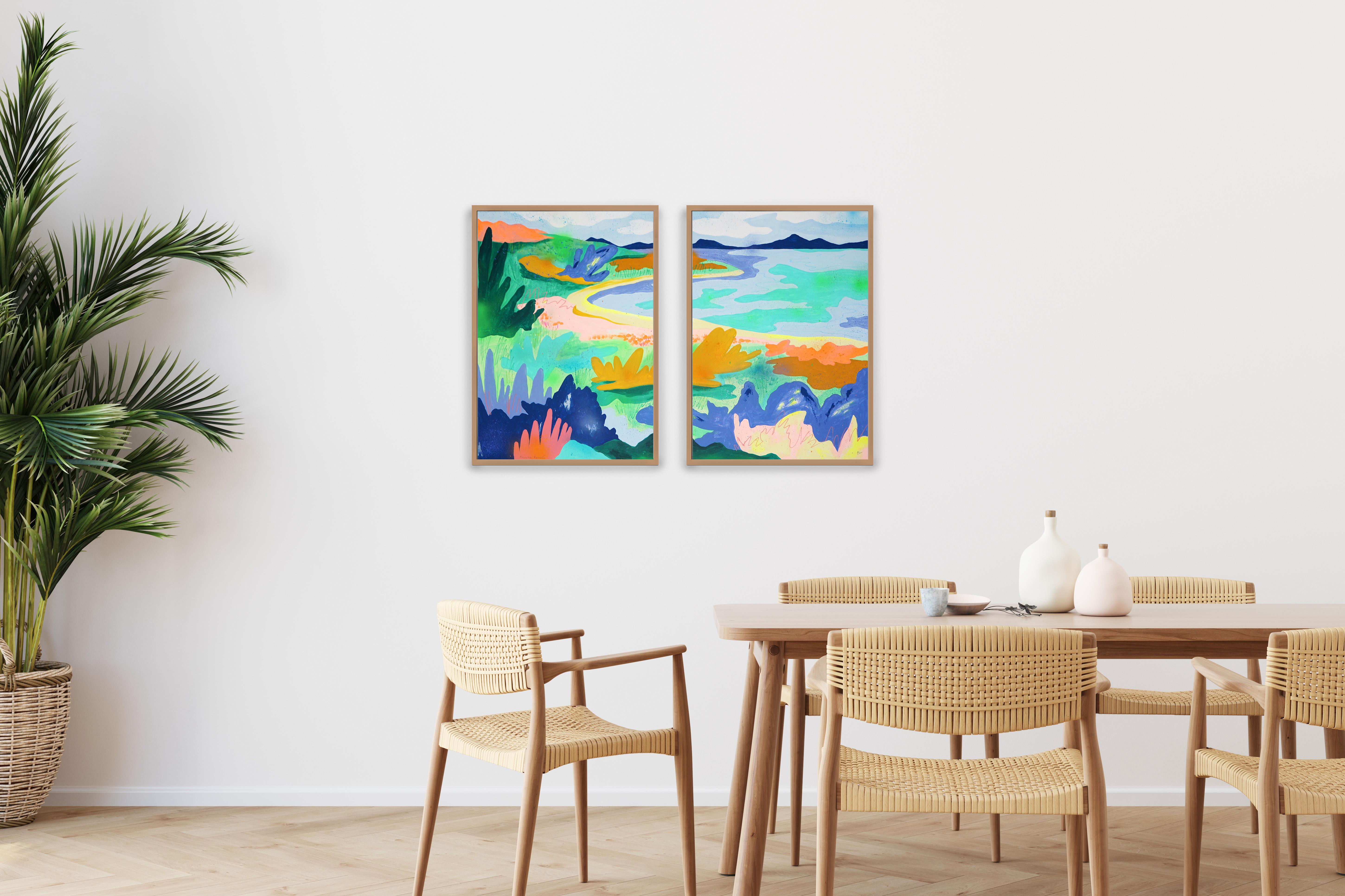 Costa apacible, díptico de paisaje impresionista, tonos vivos, estilo fauvista 2025 - Painting de Perrine Honoré