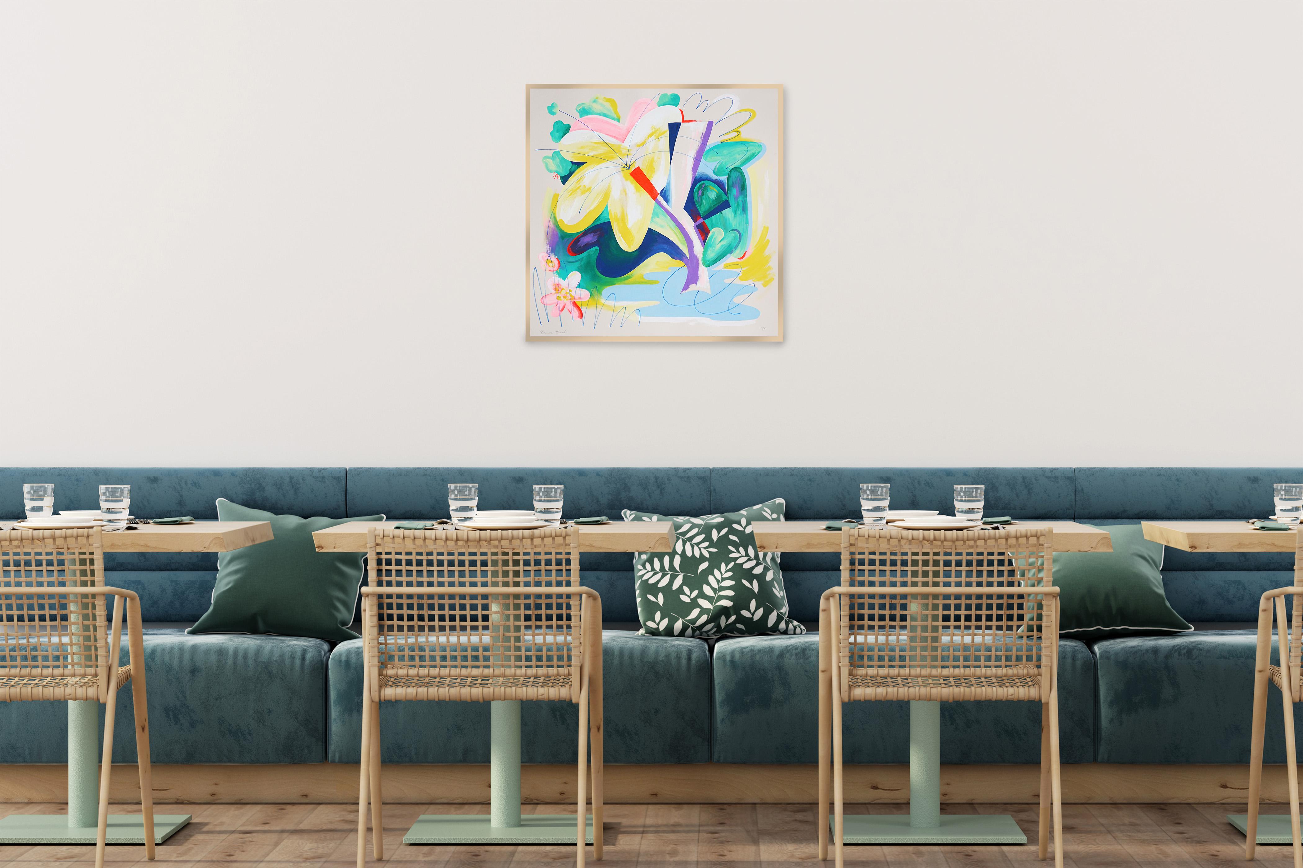 Fiore Pow, Botanica astratta, Pittura illustrativa, Blu e giallo, Carta - Painting di Perrine Honoré