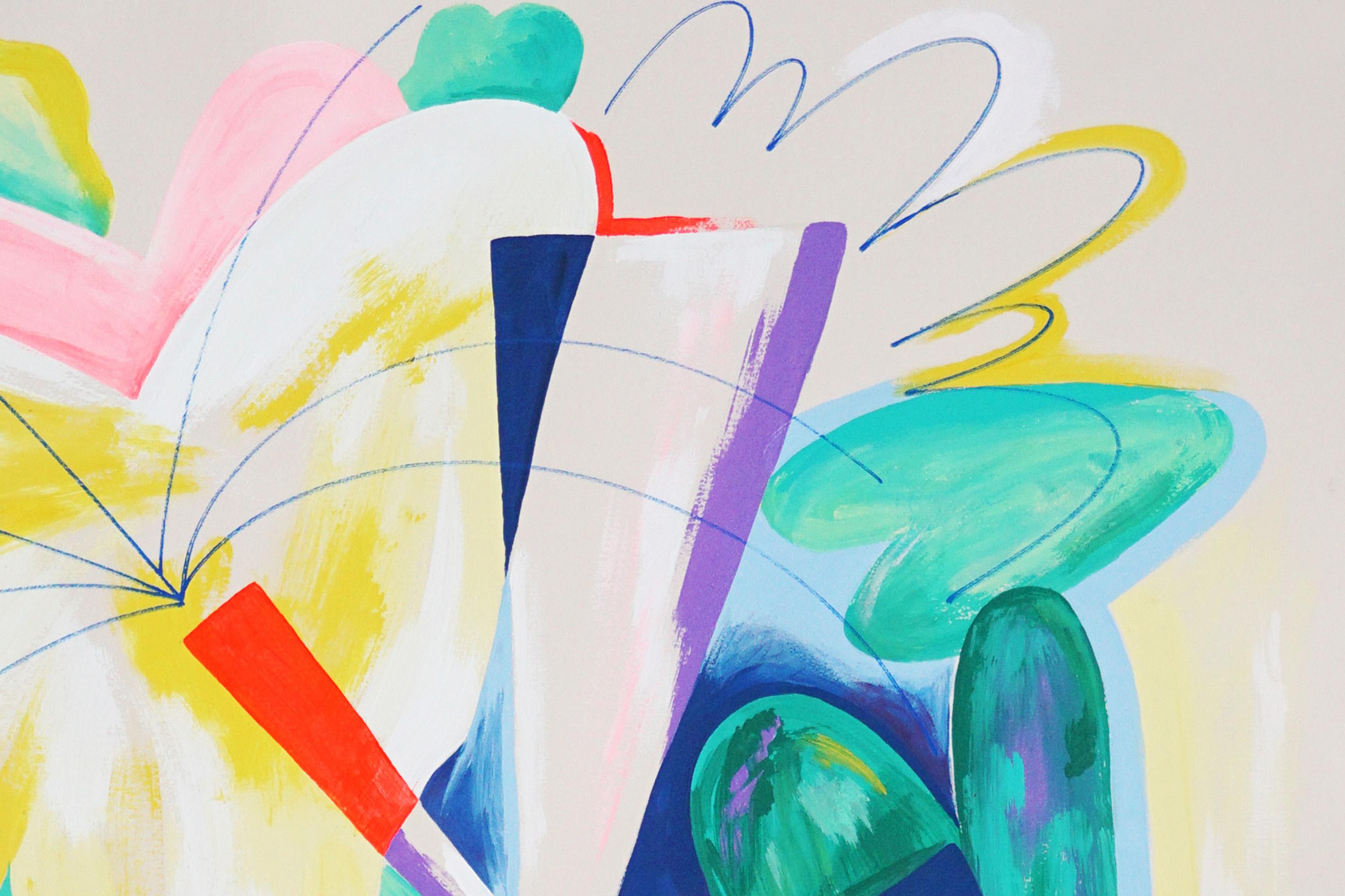 Fiore Pow, Botanica astratta, Pittura illustrativa, Blu e giallo, Carta - Painting Street Art di Perrine Honoré