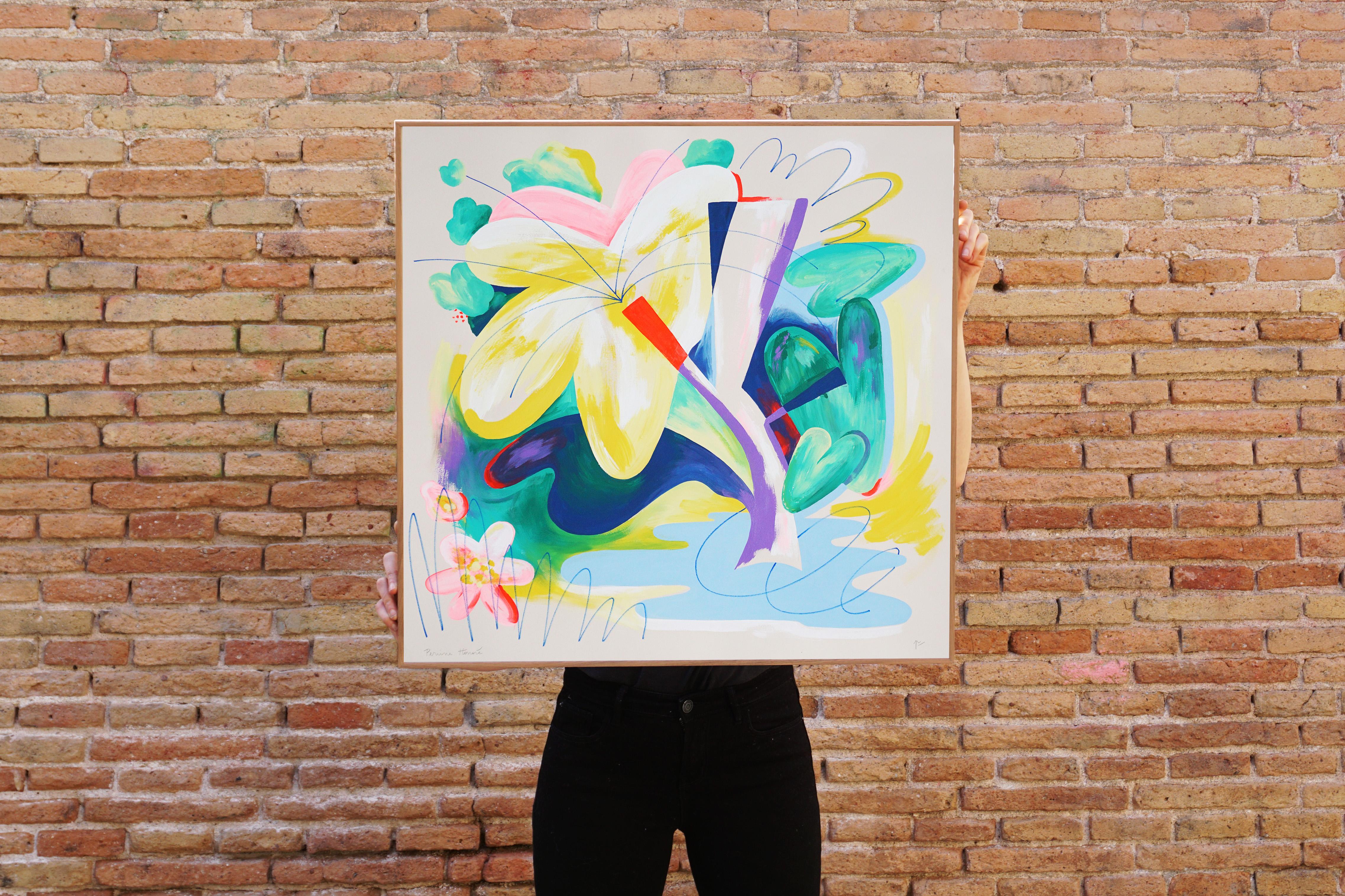 Fiore Pow, Botanica astratta, Pittura illustrativa, Blu e giallo, Carta - Landscape Painting Grigio di Perrine Honoré