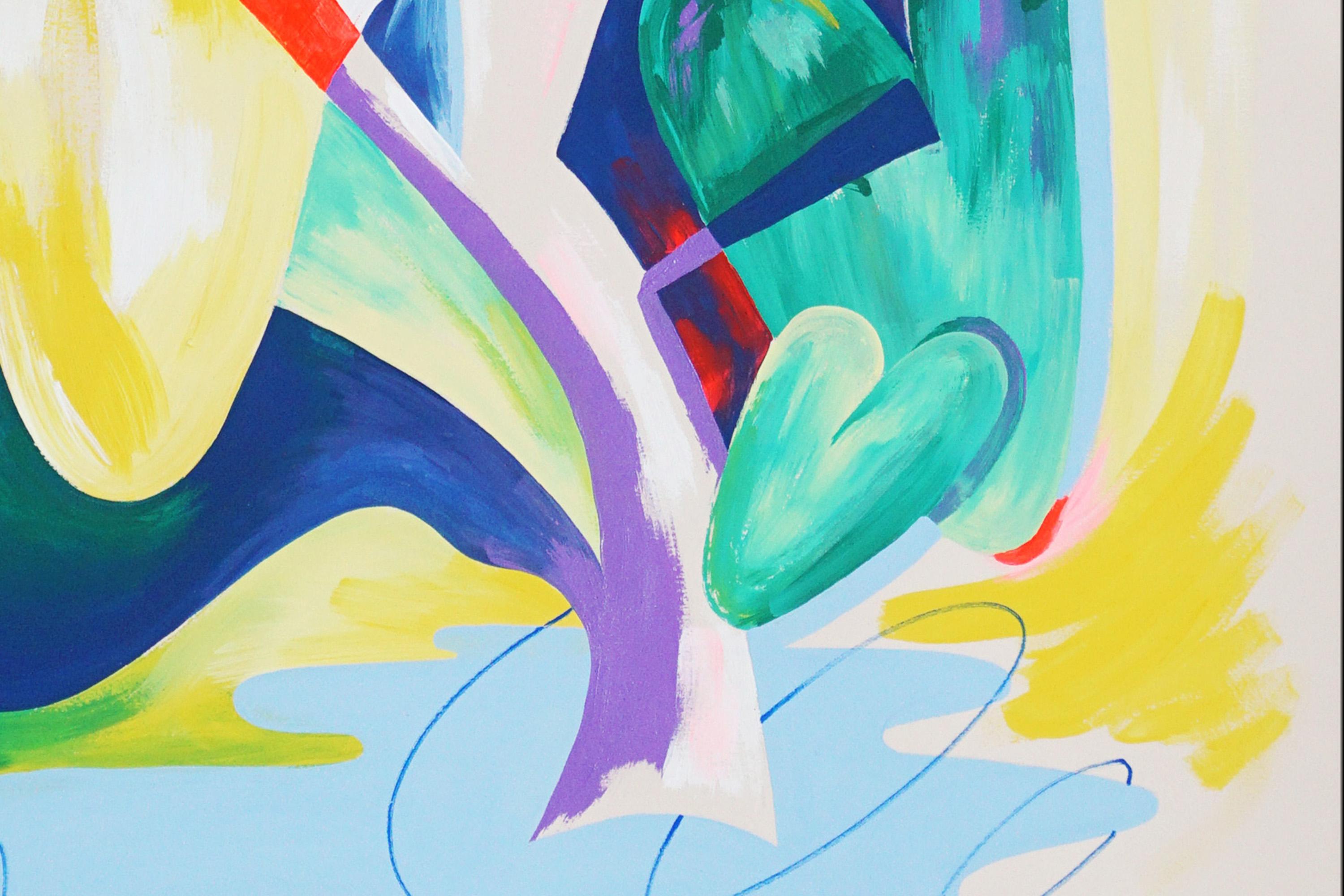 Fiore Pow, Botanica astratta, Pittura illustrativa, Blu e giallo, Carta in vendita 2
