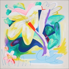 Pow Flower, Abstract Botanical, Illustrative Painting, Blue and Yellow, Paper