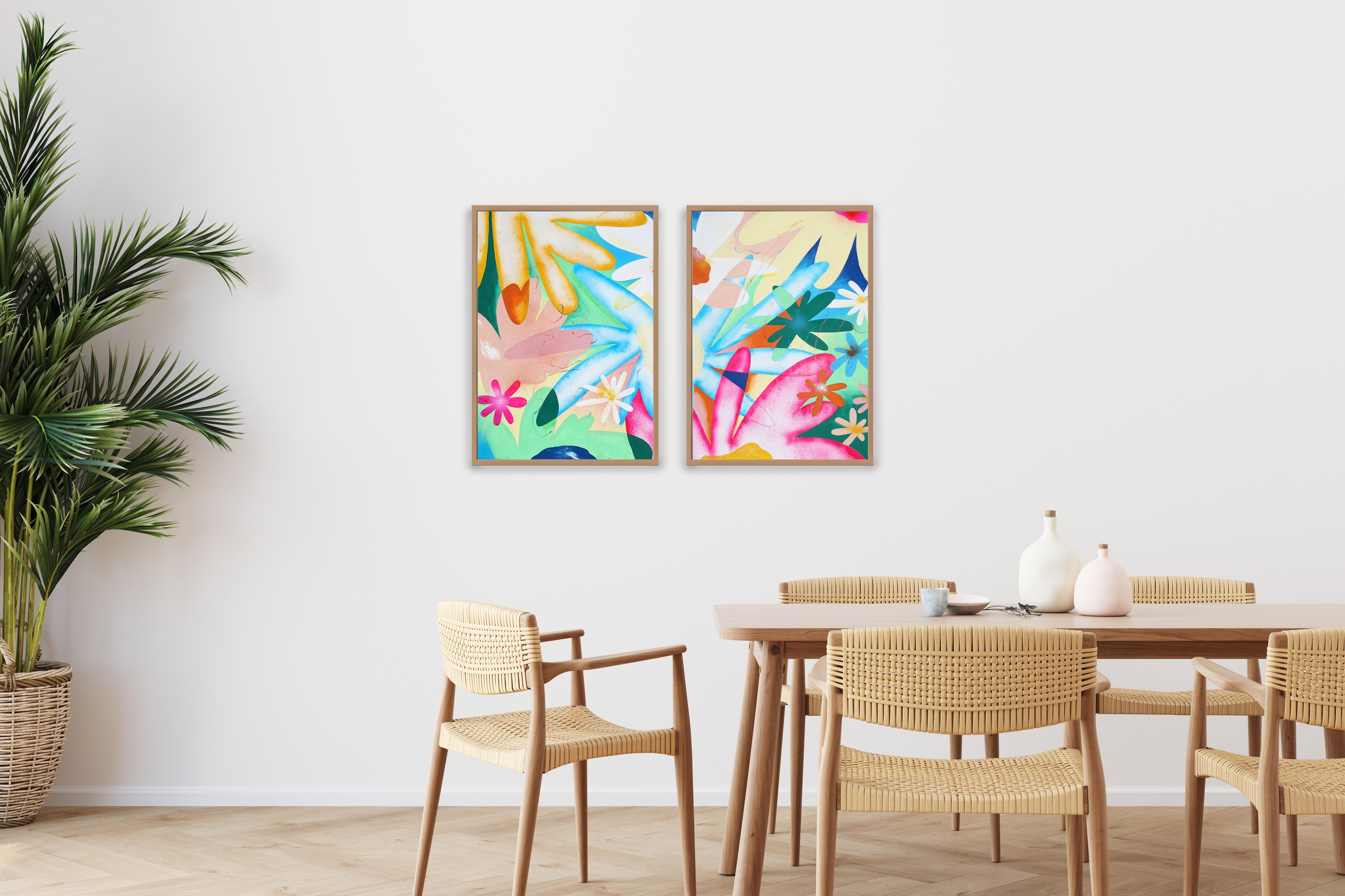 Rainbow Flowers Diptych, Fresh Urban Art Painting on Watercolor Paper, Pastel - Beige Landscape Painting by Perrine Honoré