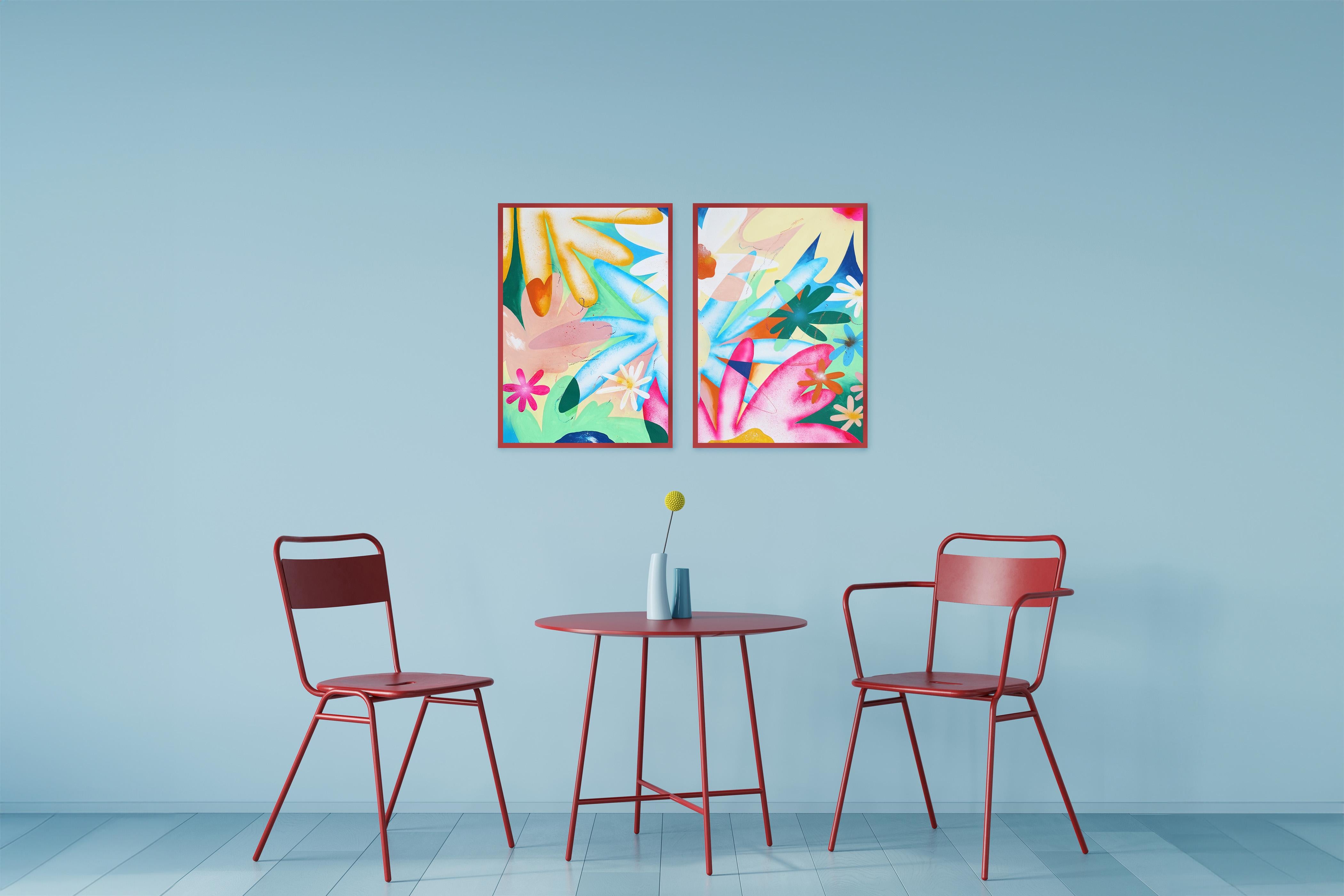 Rainbow Flowers Diptych, Fresh Urban Art Painting on Watercolor Paper, Pastel For Sale 2