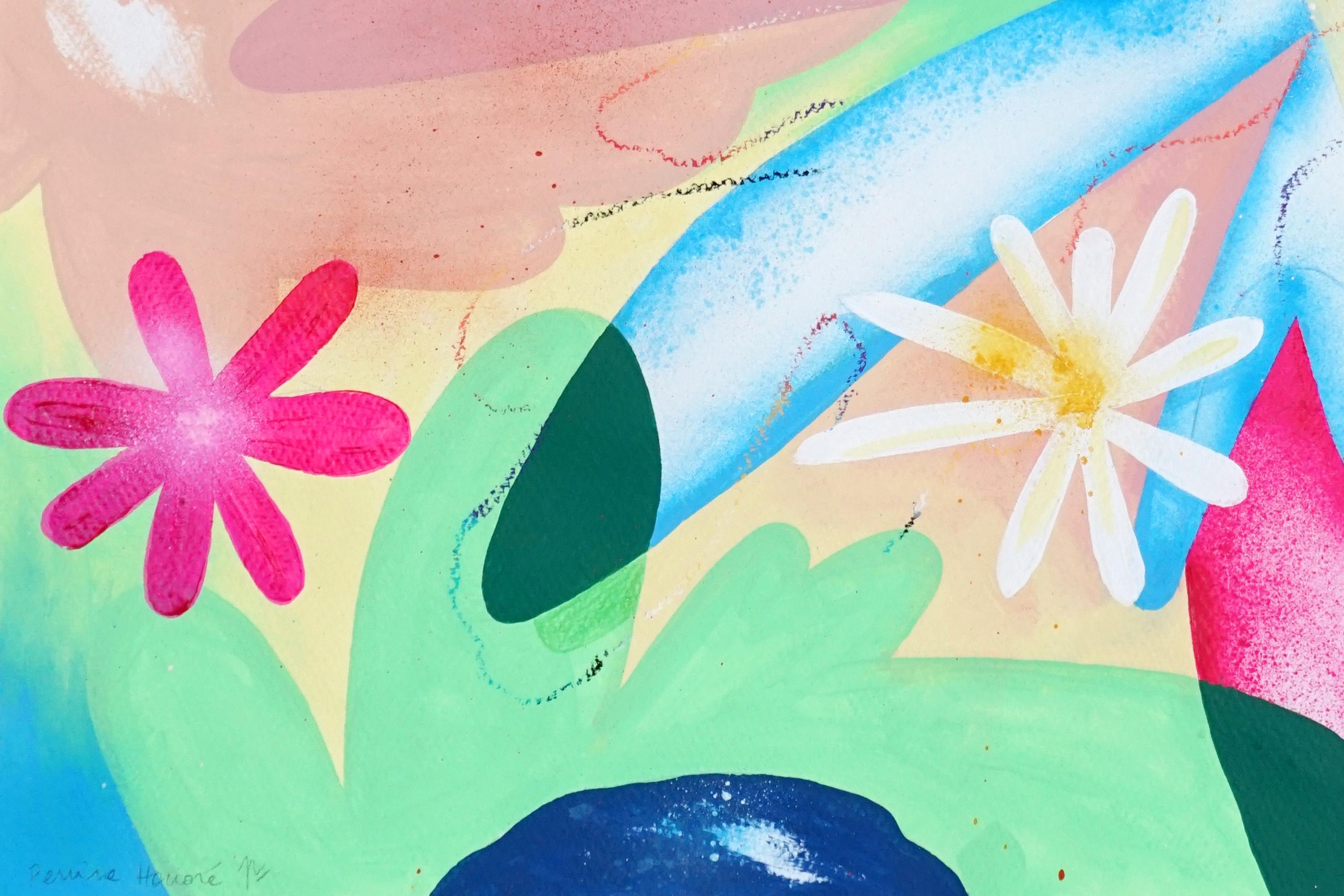 Rainbow Flowers Diptych, Fresh Urban Art Painting on Watercolor Paper, Pastel For Sale 3
