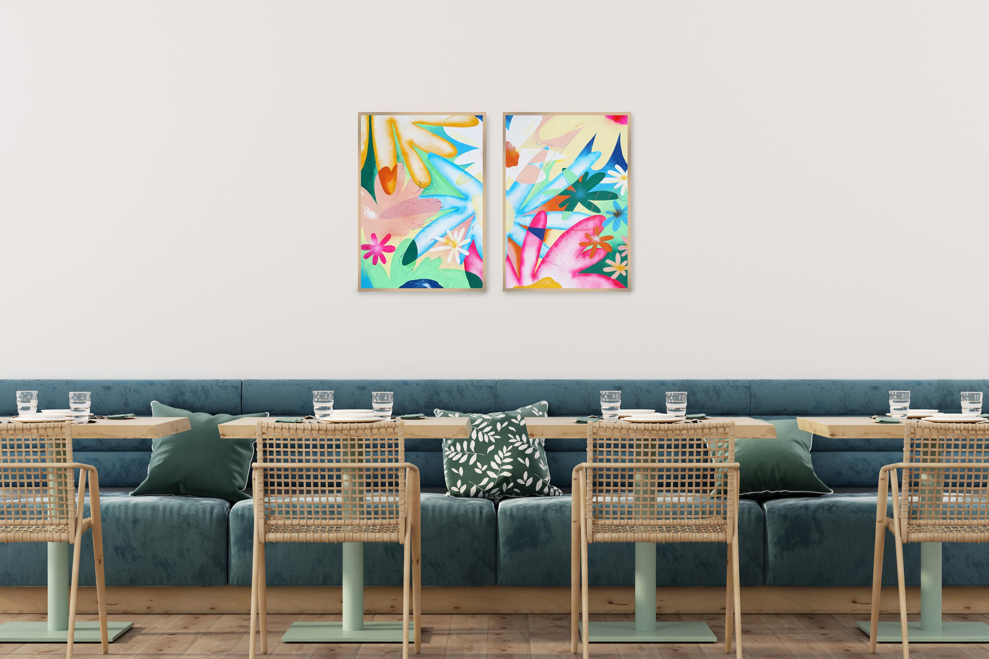 Rainbow Flowers Diptych, Fresh Urban Art Painting on Watercolor Paper, Pastel For Sale 5