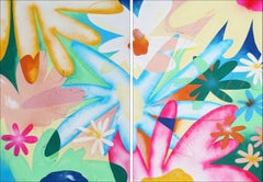 Rainbow Flowers Diptych, Fresh Urban Art Painting on Watercolor Paper, Pastel