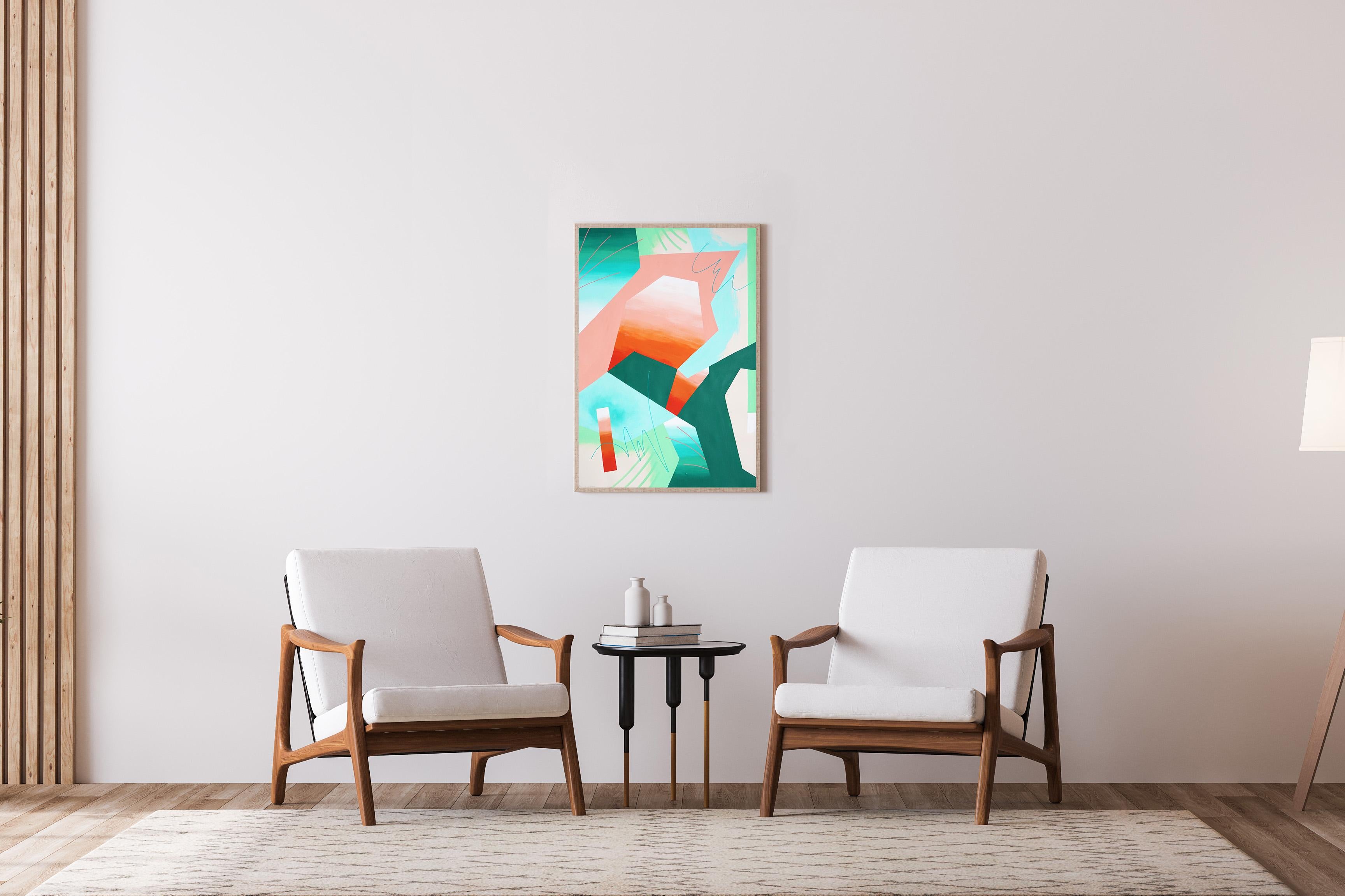 Gradiente rinfrescante, paesaggio urbano verde e arancione, architettura geometrica - Painting di Perrine Honoré